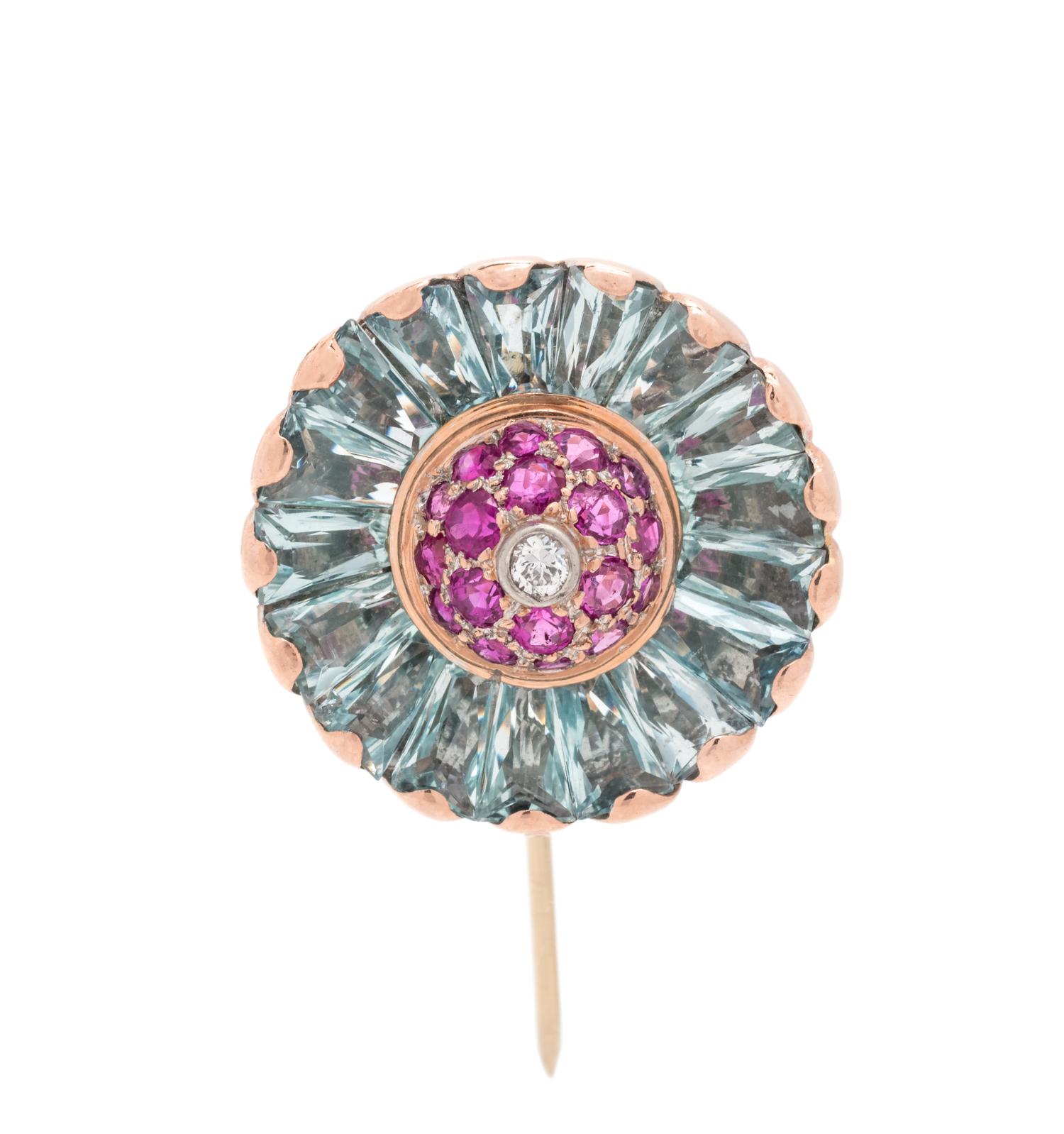 RETRO, AQUAMARINE, RUBY AND DIAMOND STICK PIN