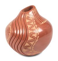 Carved Redware Pottery Vase, with Sgraffito