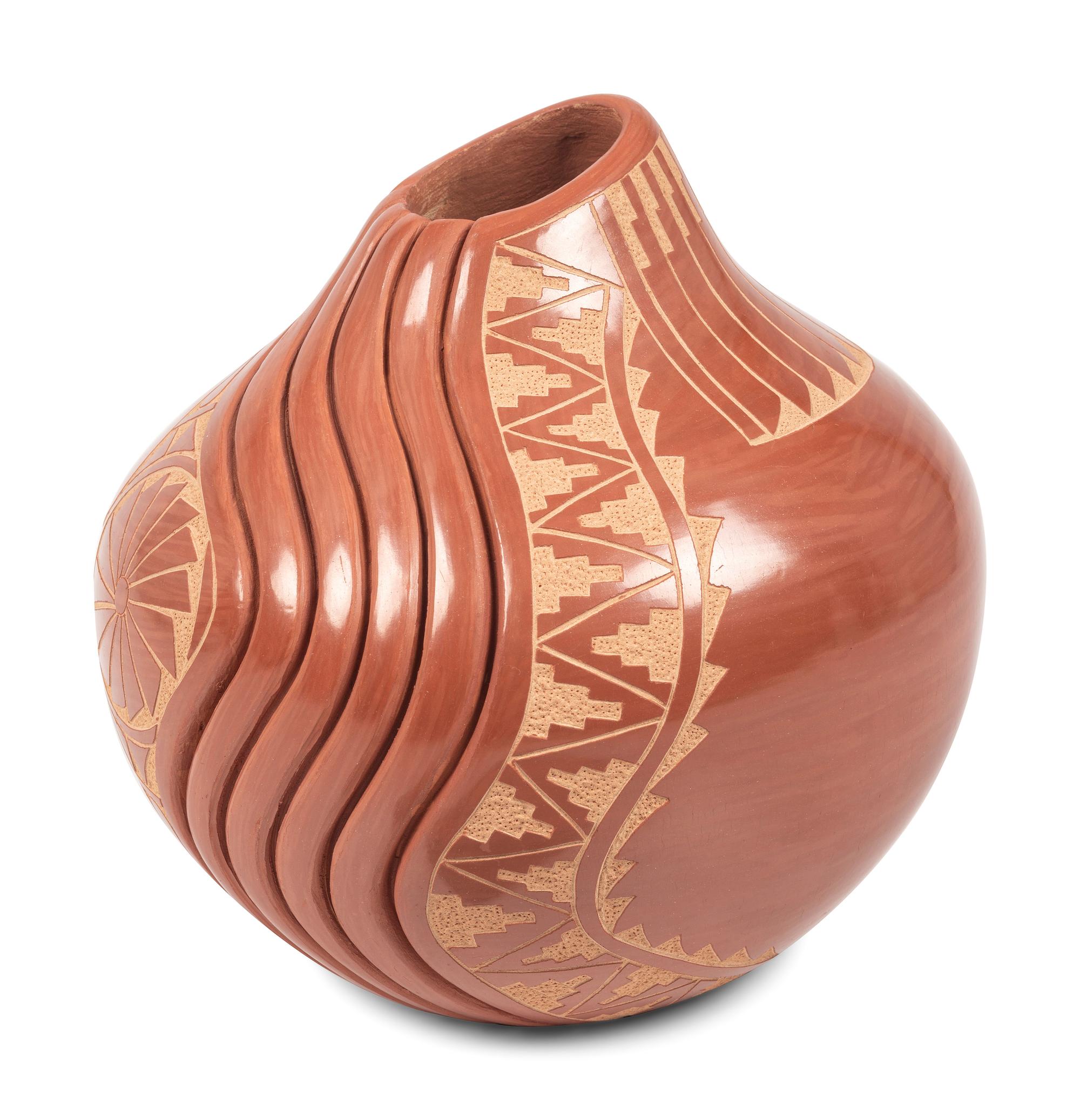 Carved Redware Pottery Vase, with Sgraffito