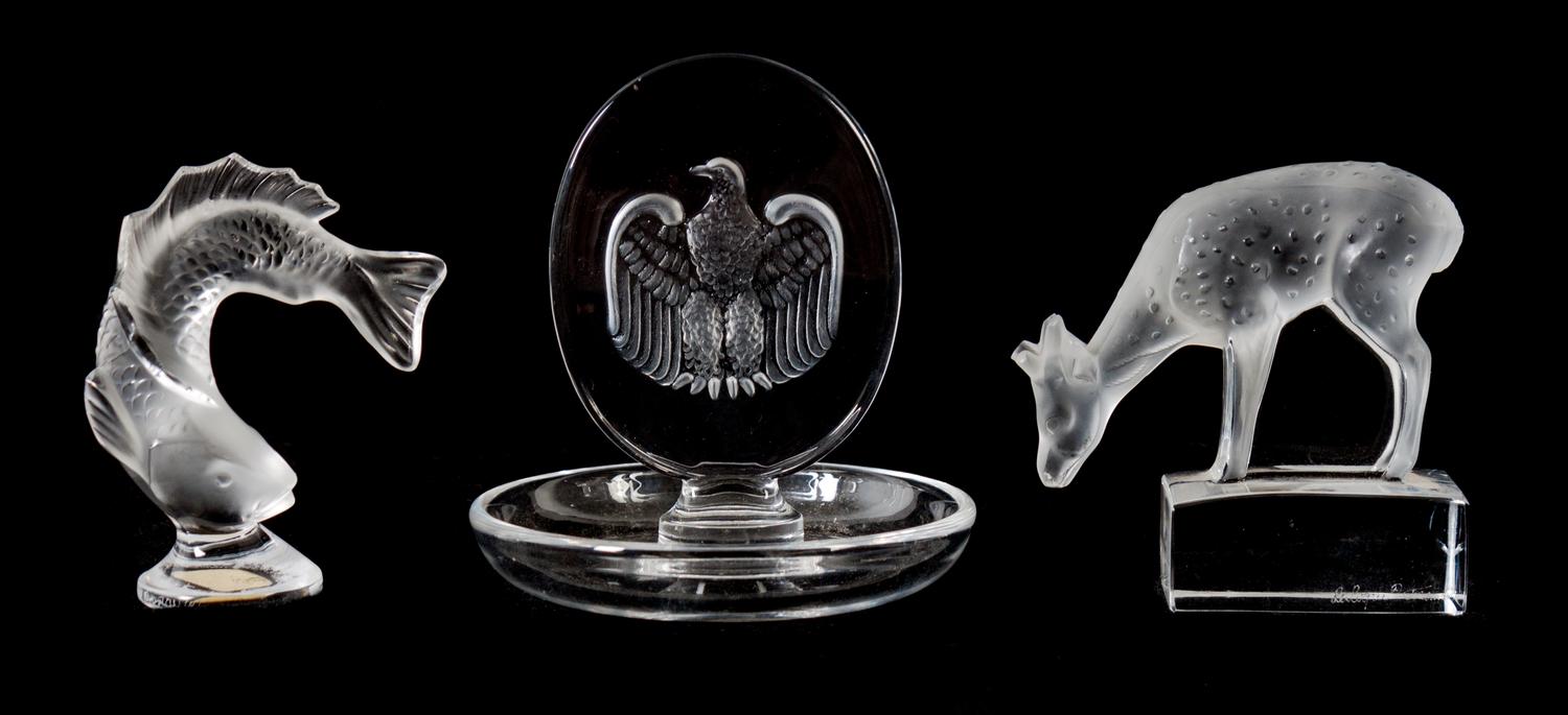 Four Lalique Molded and Frosted Glass Articles Height of tallest 9 1/2 inches — 20TH CENTURY
