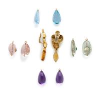 YELLOW GOLD SWIRL EARRINGS WITH FIVE PAIRS OF INTERCHANGEABLE GEMSTONE DROPS