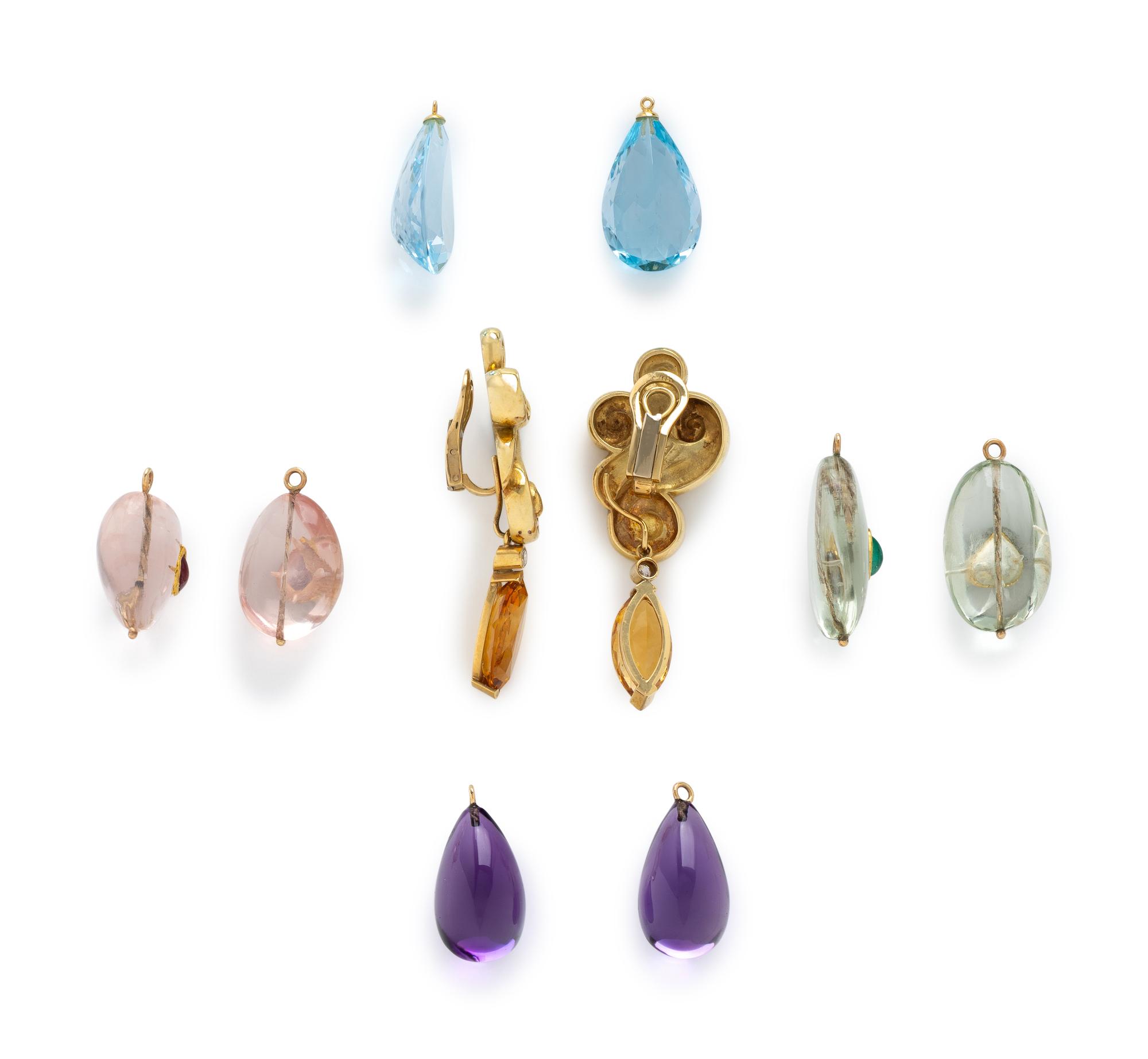 YELLOW GOLD SWIRL EARRINGS WITH FIVE PAIRS OF INTERCHANGEABLE GEMSTONE DROPS