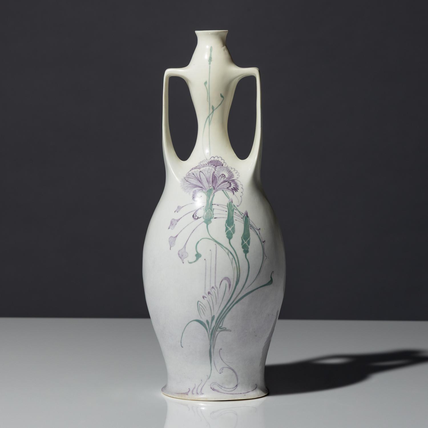 Eggshell porcelain two-handled vase with polychrome spider, web and floral decor, model 117p
