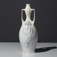 Eggshell porcelain two-handled vase with polychrome spider, web and floral decor, model 117p