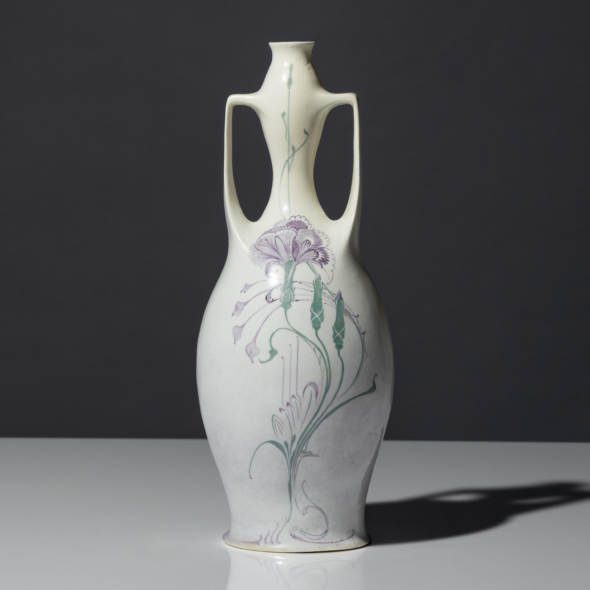 Eggshell porcelain two-handled vase with polychrome spider, web and floral decor, model 117p