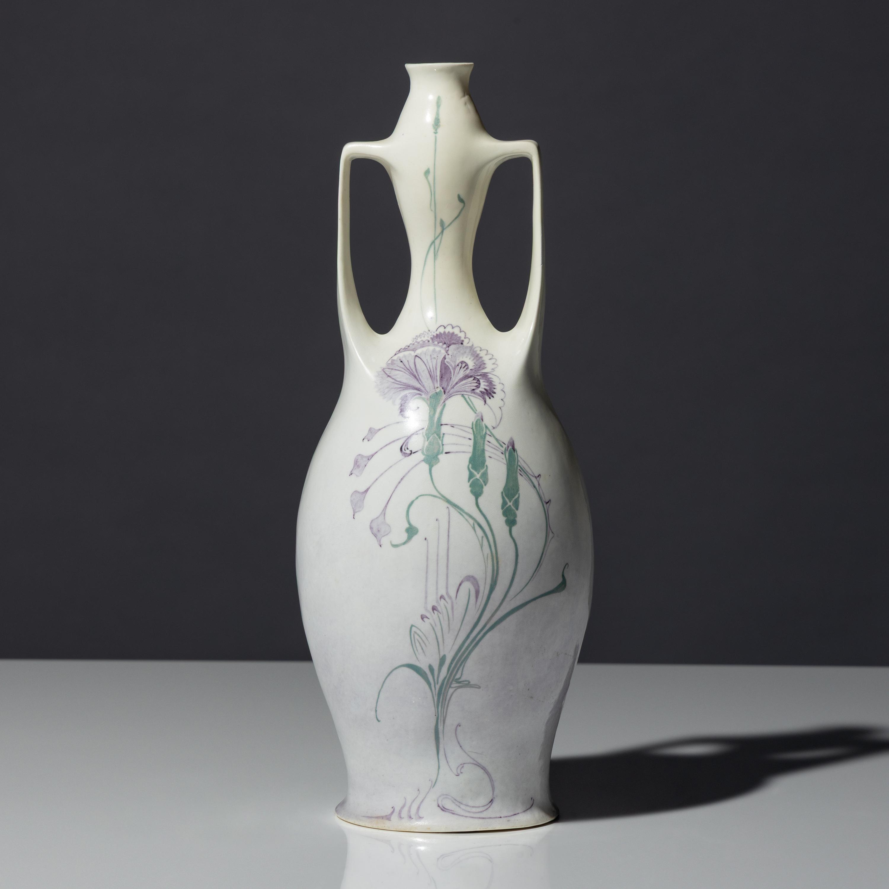 Eggshell porcelain two-handled vase with polychrome spider, web and floral decor, model 117p