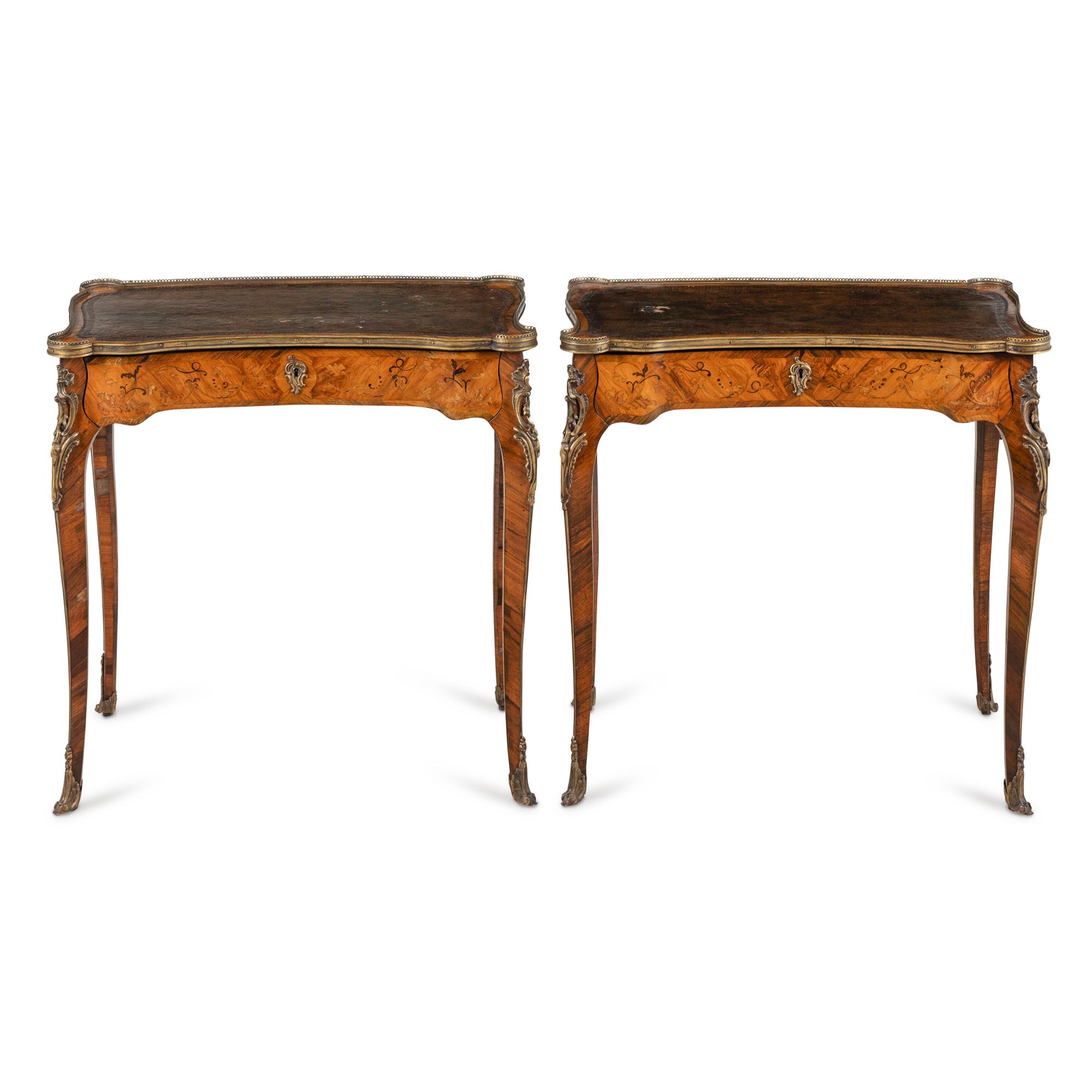 A Pair of Louis XV Style Gilt Bronze Mounted Marquetry Tables à Écrire
