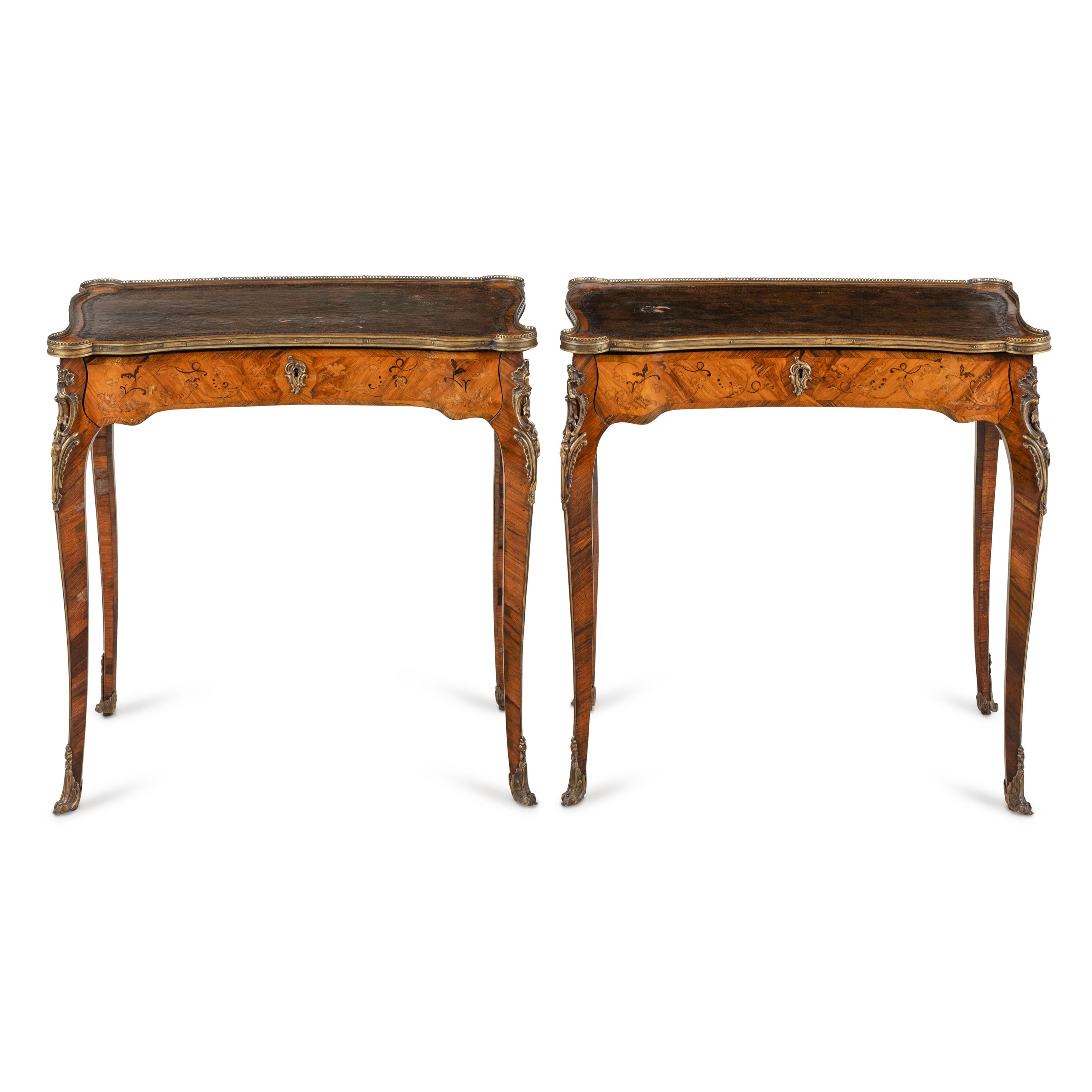 A Pair of Louis XV Style Gilt Bronze Mounted Marquetry Tables à Écrire