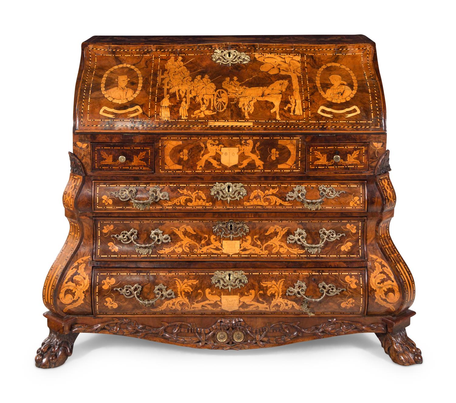 A Dutch Baroque Burl Walnut and Marquetry Slant-Front Desk