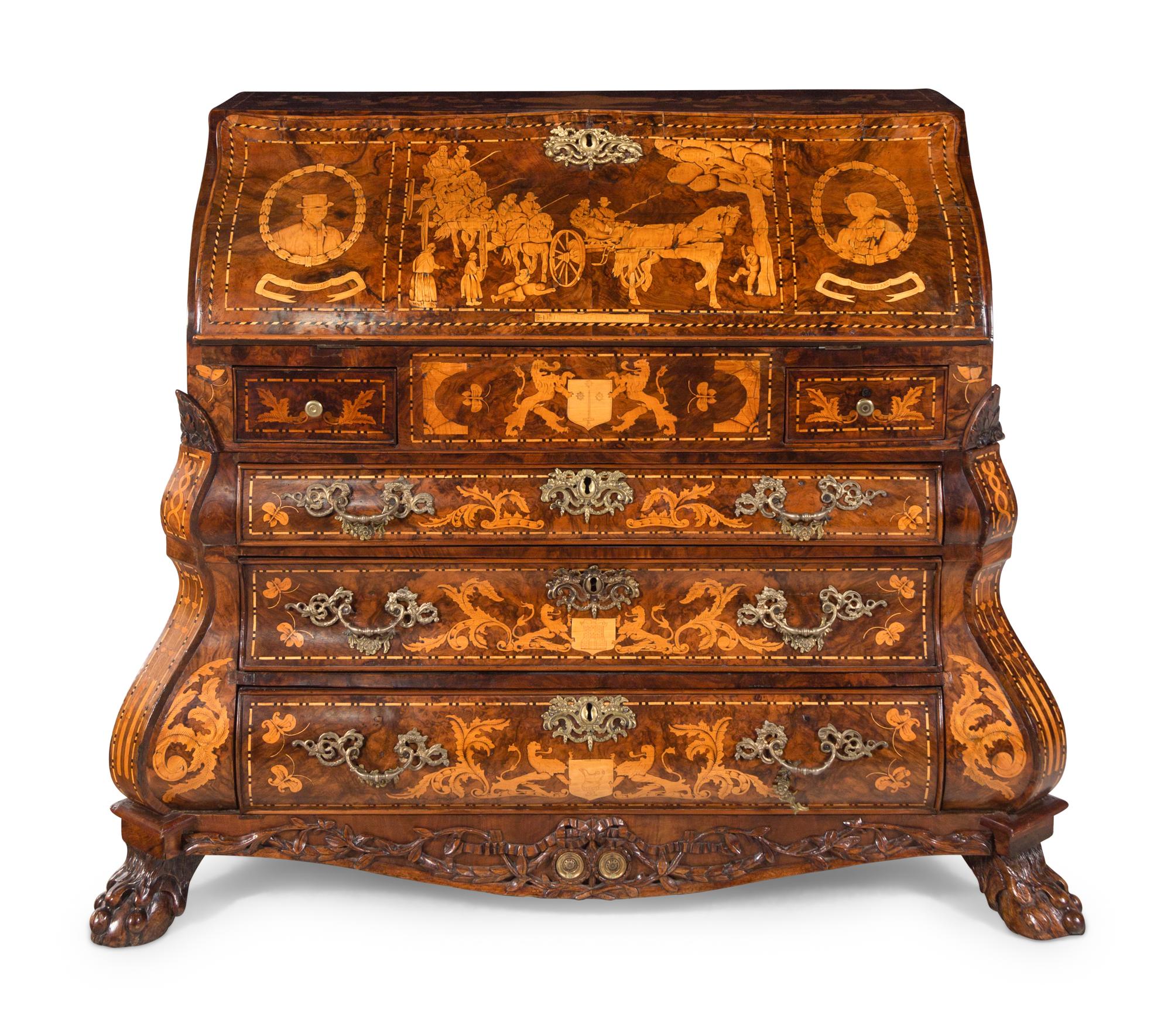 A Dutch Baroque Burl Walnut and Marquetry Slant-Front Desk