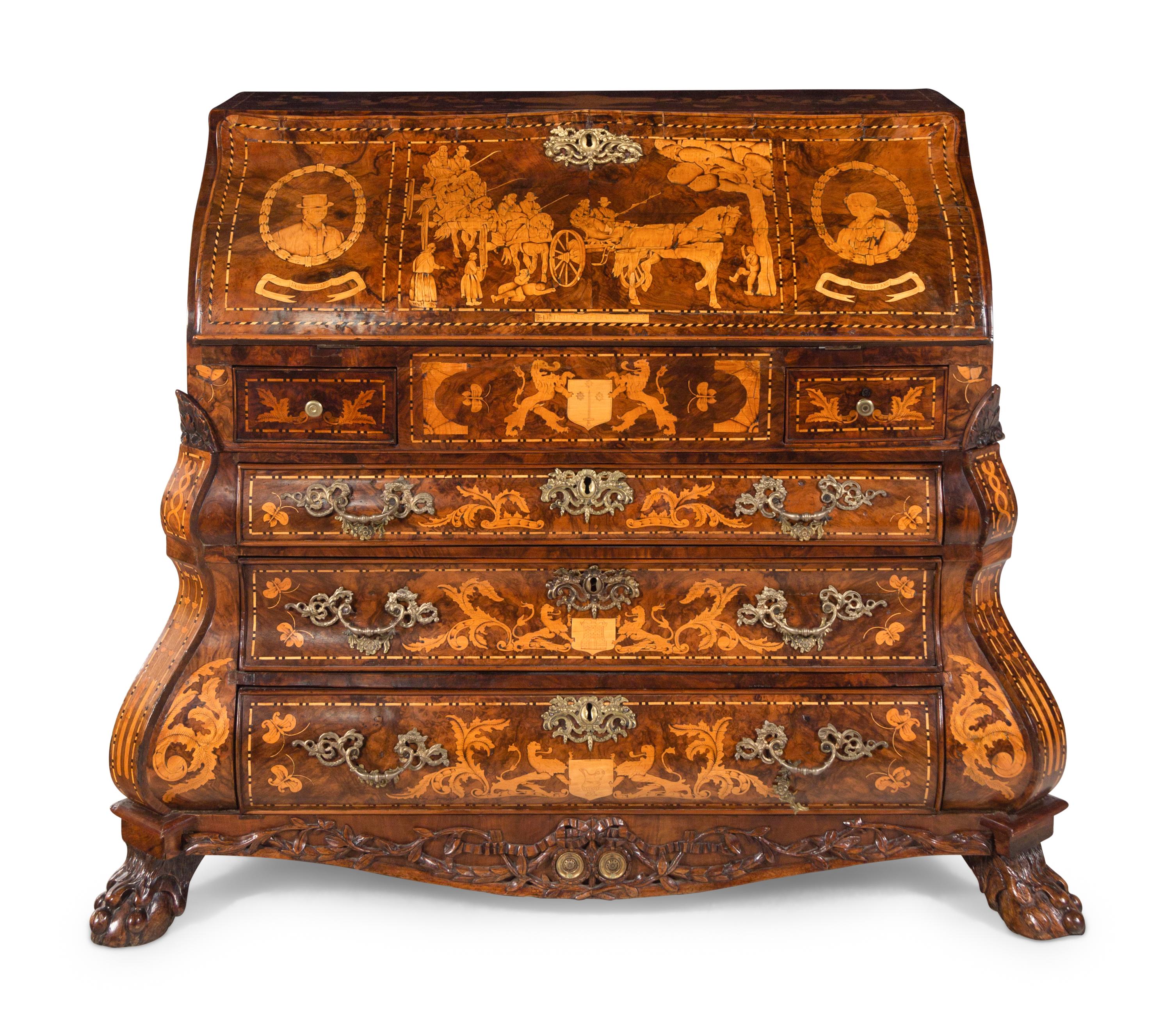 A Dutch Baroque Burl Walnut and Marquetry Slant-Front Desk