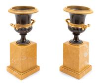 A Pair of Gilt, Patinated Bronze and Marble Campagna Urn Ornaments Height 11 1/2 x diameter 5 1/2 inches. — LATE 19TH CENTURY