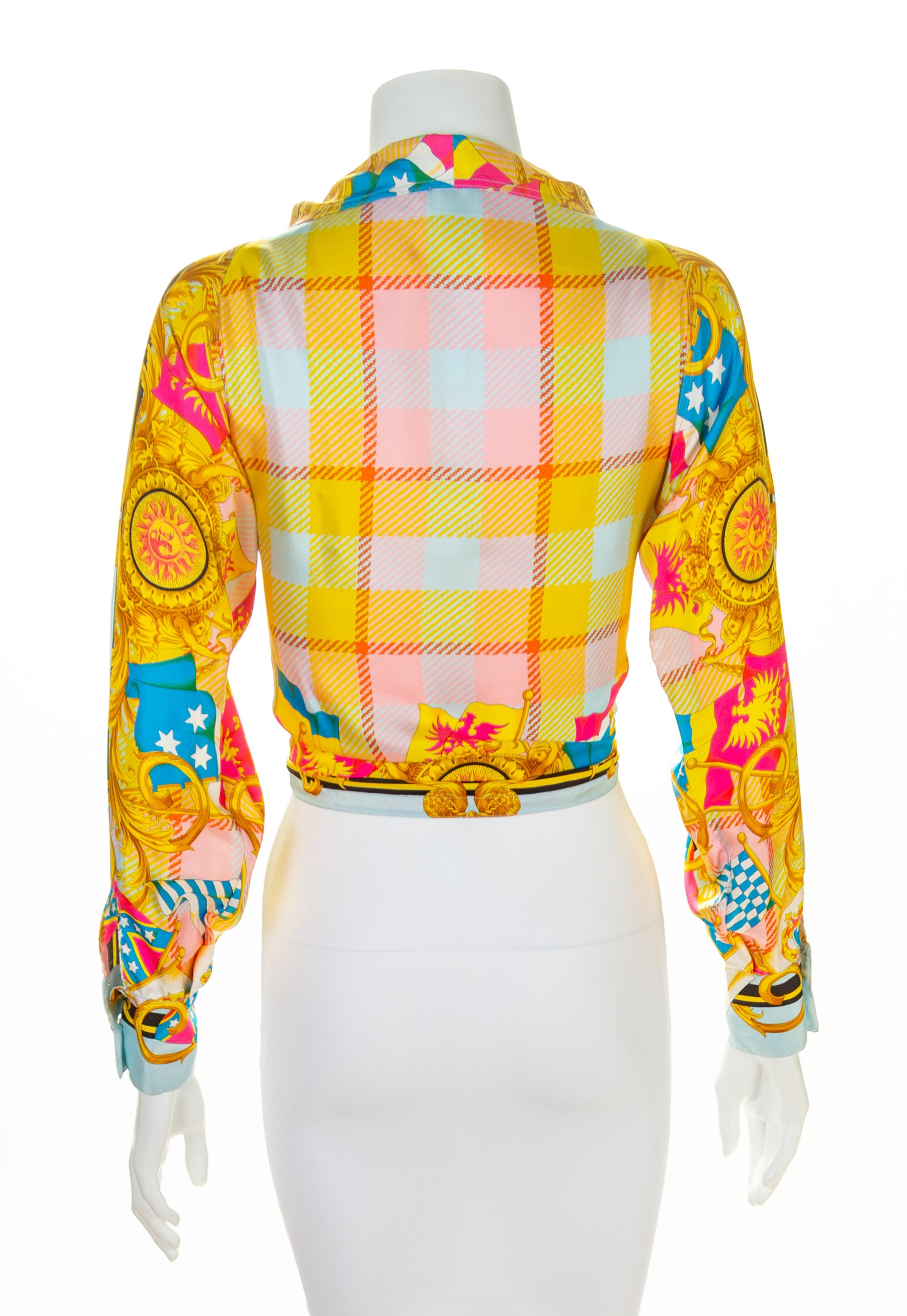 A Gianni Versace Silk Print Tie Front Blouse, Size 40.