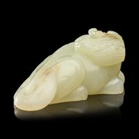 A Chinese Pale Celadon Jade Figure of a Mythical Beast, Early Qing Dynasty 清早期 青白玉瑞獸