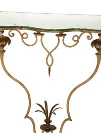A Pair of Continental Painted and Parcel Gilt Metal, Mirrored Small Console Tables