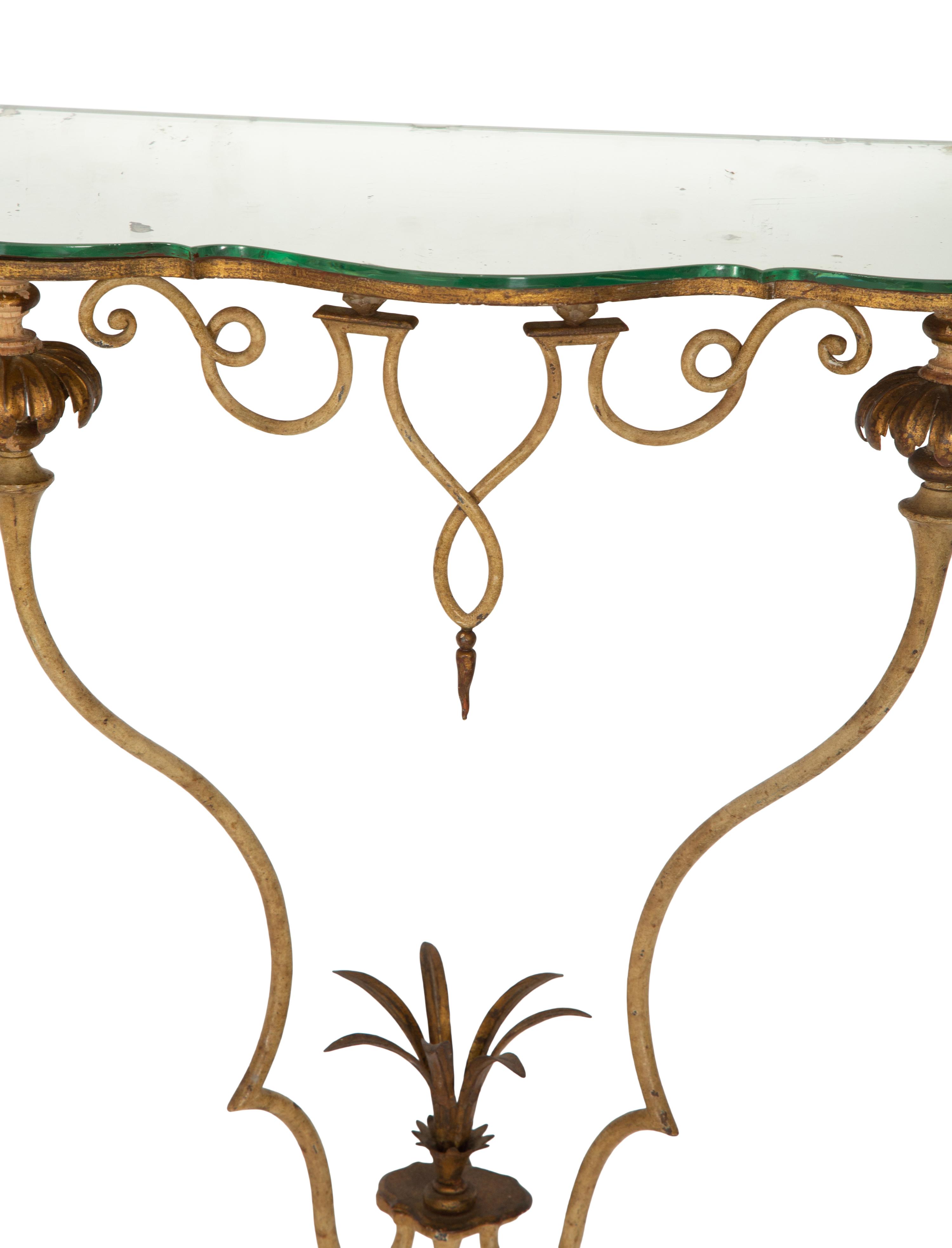 A Pair of Continental Painted and Parcel Gilt Metal, Mirrored Small Console Tables