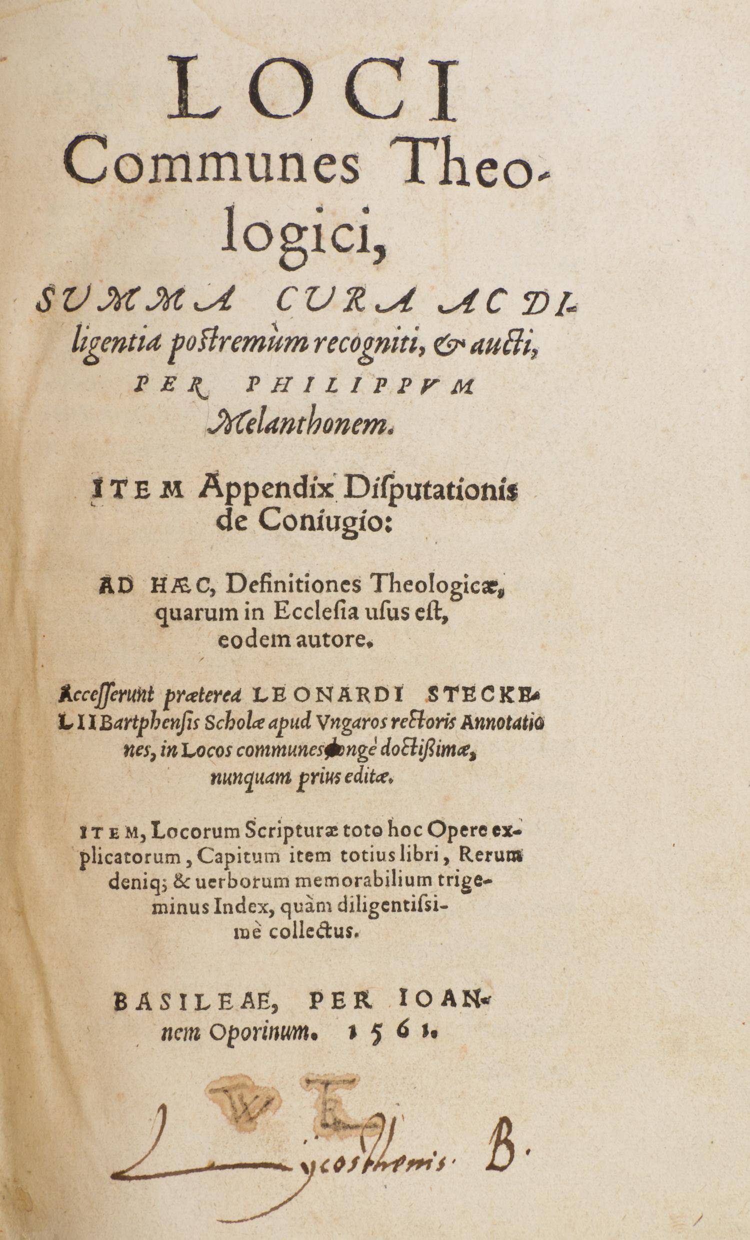 MELANCHTHON, PHILIP. Loci Communes theologic... bound with two others. Basil, 1561.