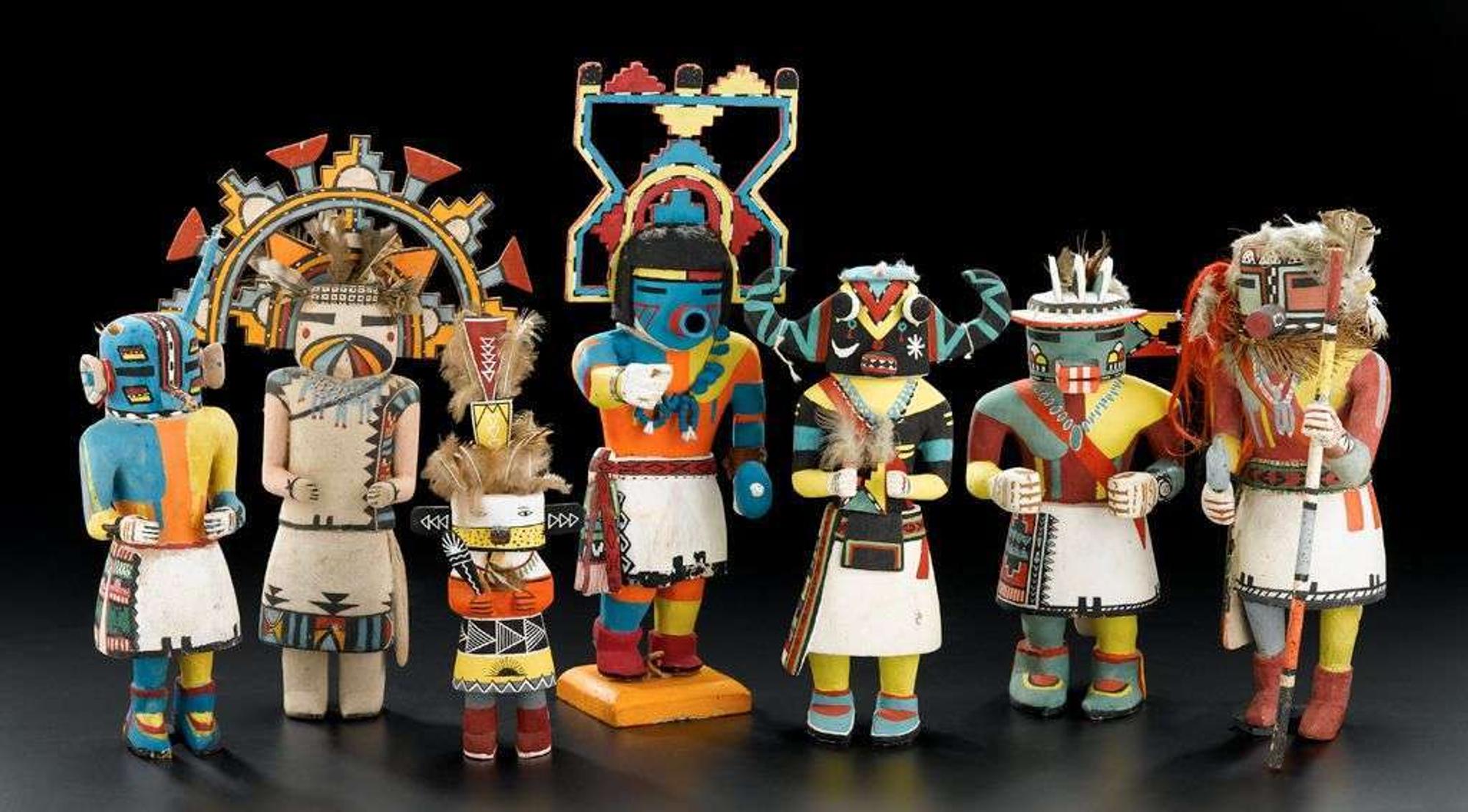 Seven carved and painted cottonwood Hopi Kachina dolls mid 20th century
