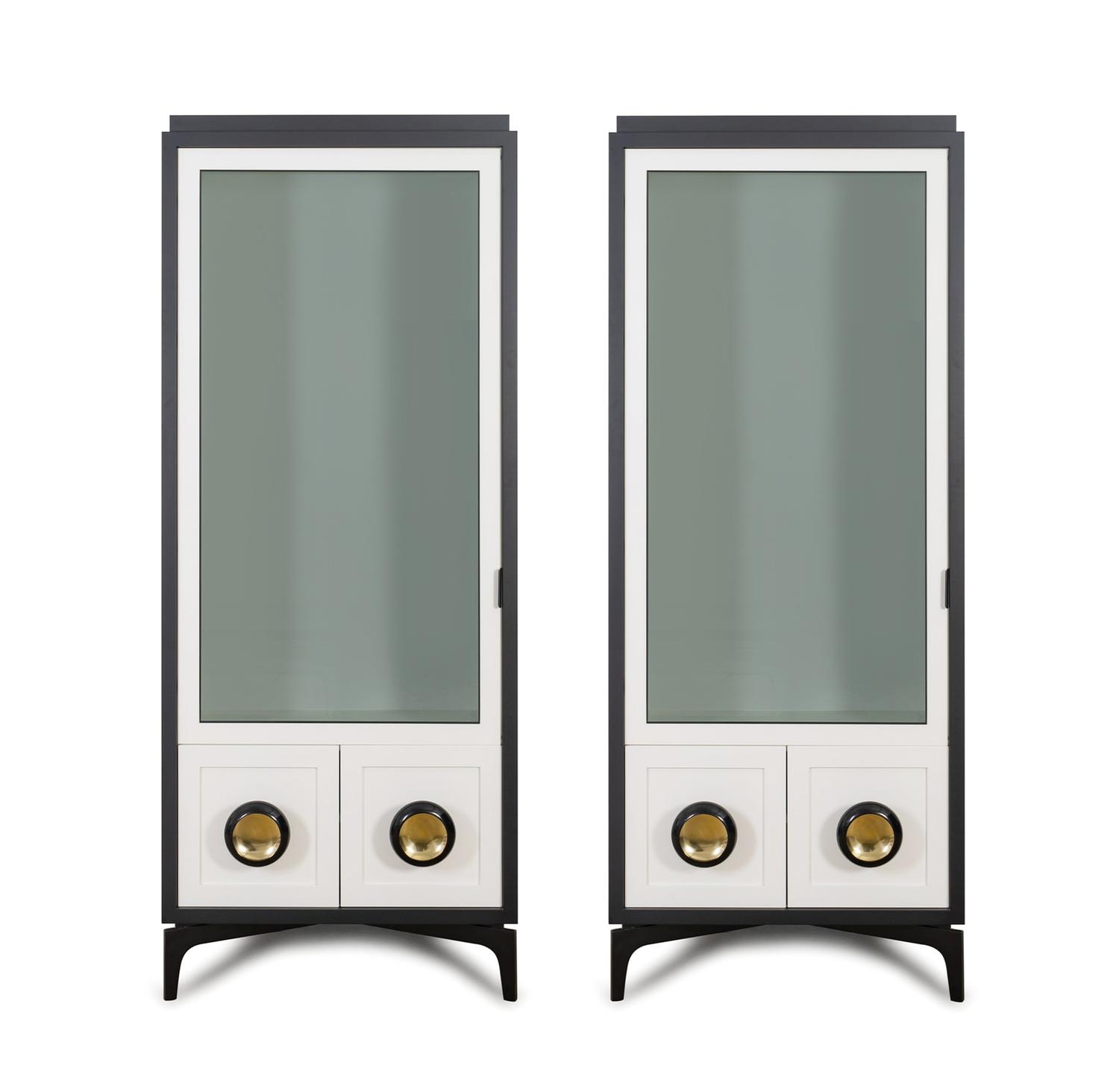 A Pair of Powell and Bonnell Black and White Lacquered Vitrine Cabinets