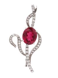 A Platinum, Rubellite Tourmaline and Diamond Brooch,