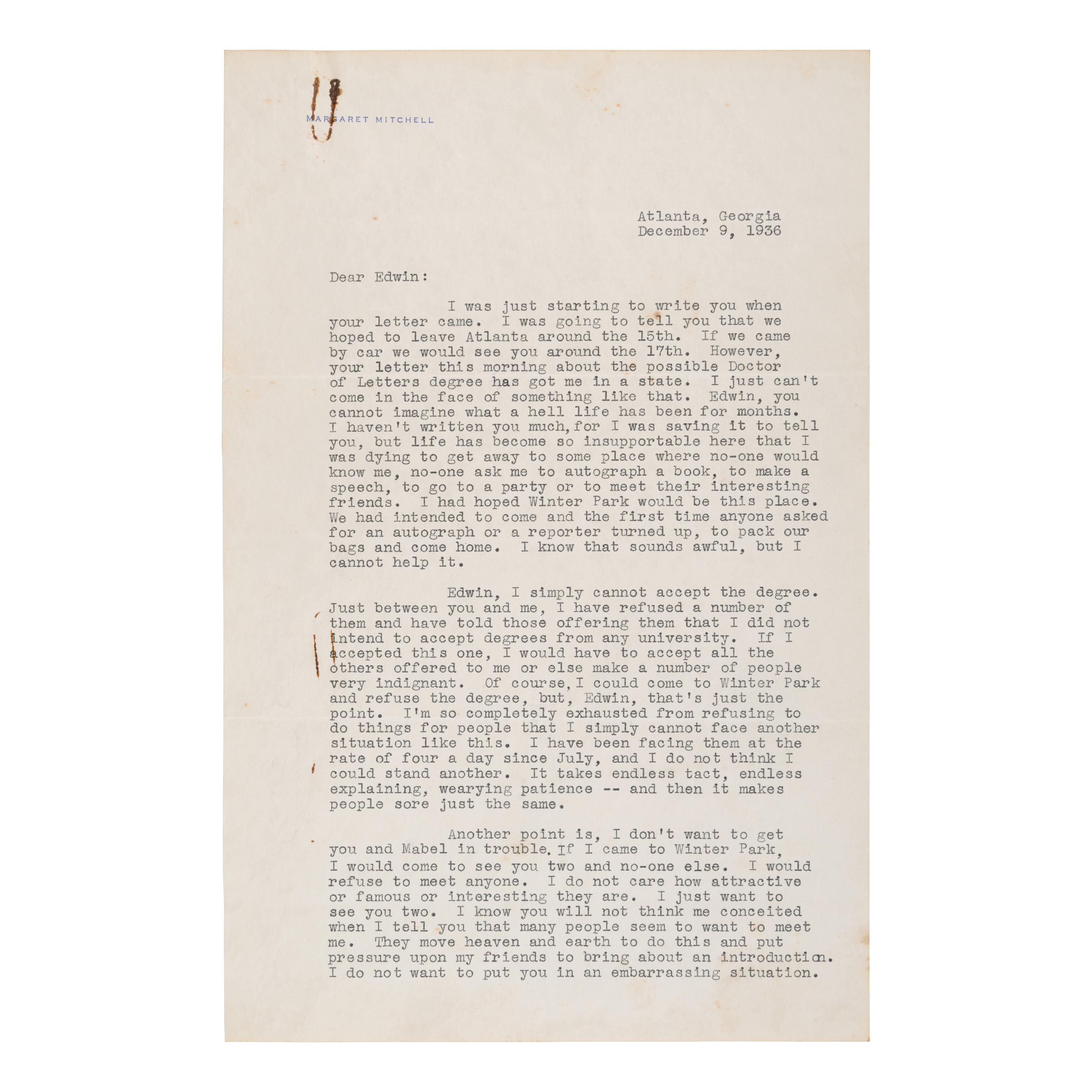 Mitchell, Margaret (1900-1949). Typed letter signed ("Margaret") to Edwin Granberry, Atlanta, 9 December 1936.