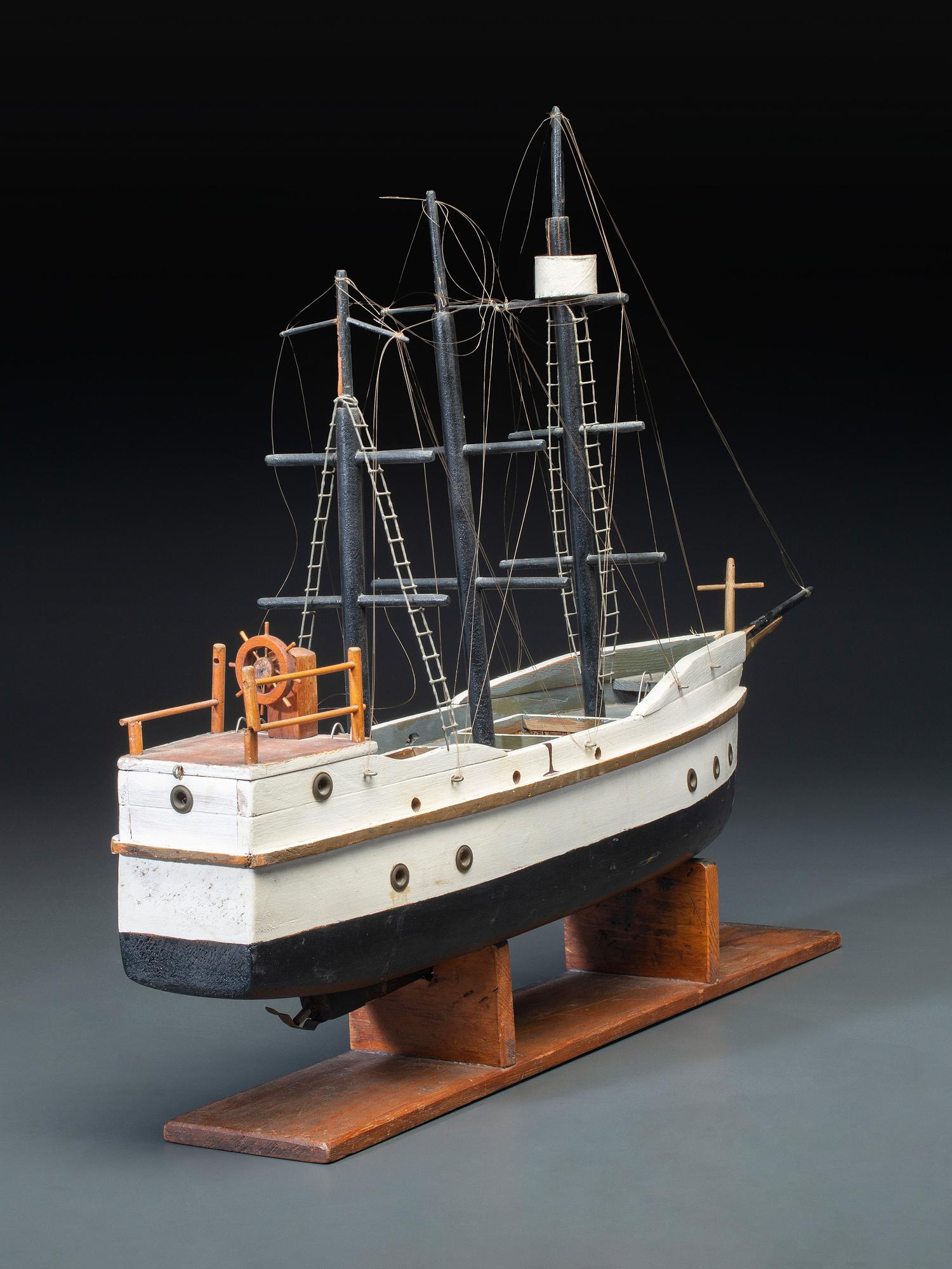 A Carved and Painted Wood Three-Masted Ship Model