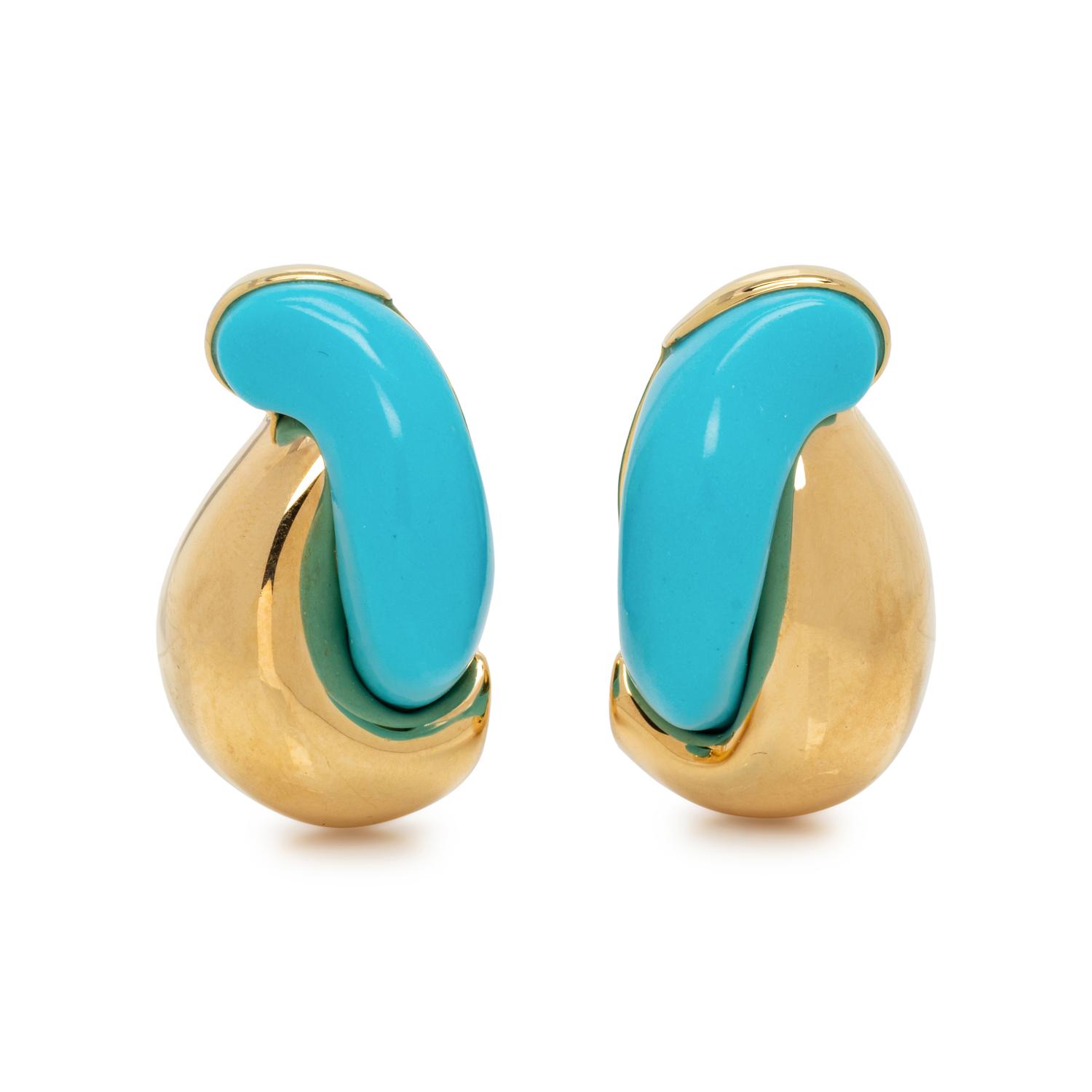SEAMAN SCHEPPS, YELLOW GOLD AND TURQUOISE EARCLIPS