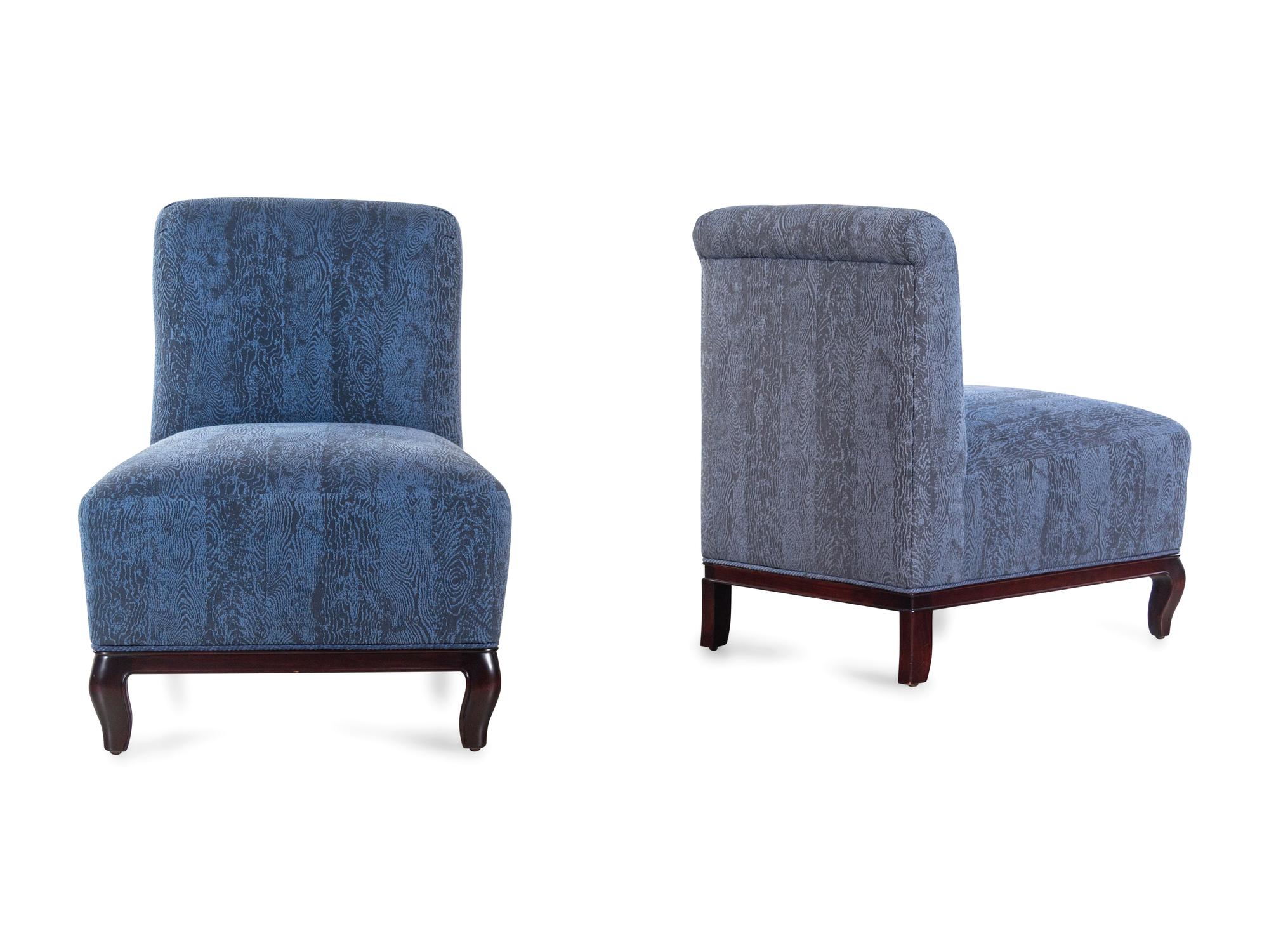 A Pair of Custom Upholstered Slipper Chairs Designed by Ruthie Alan of Alan Design Studio