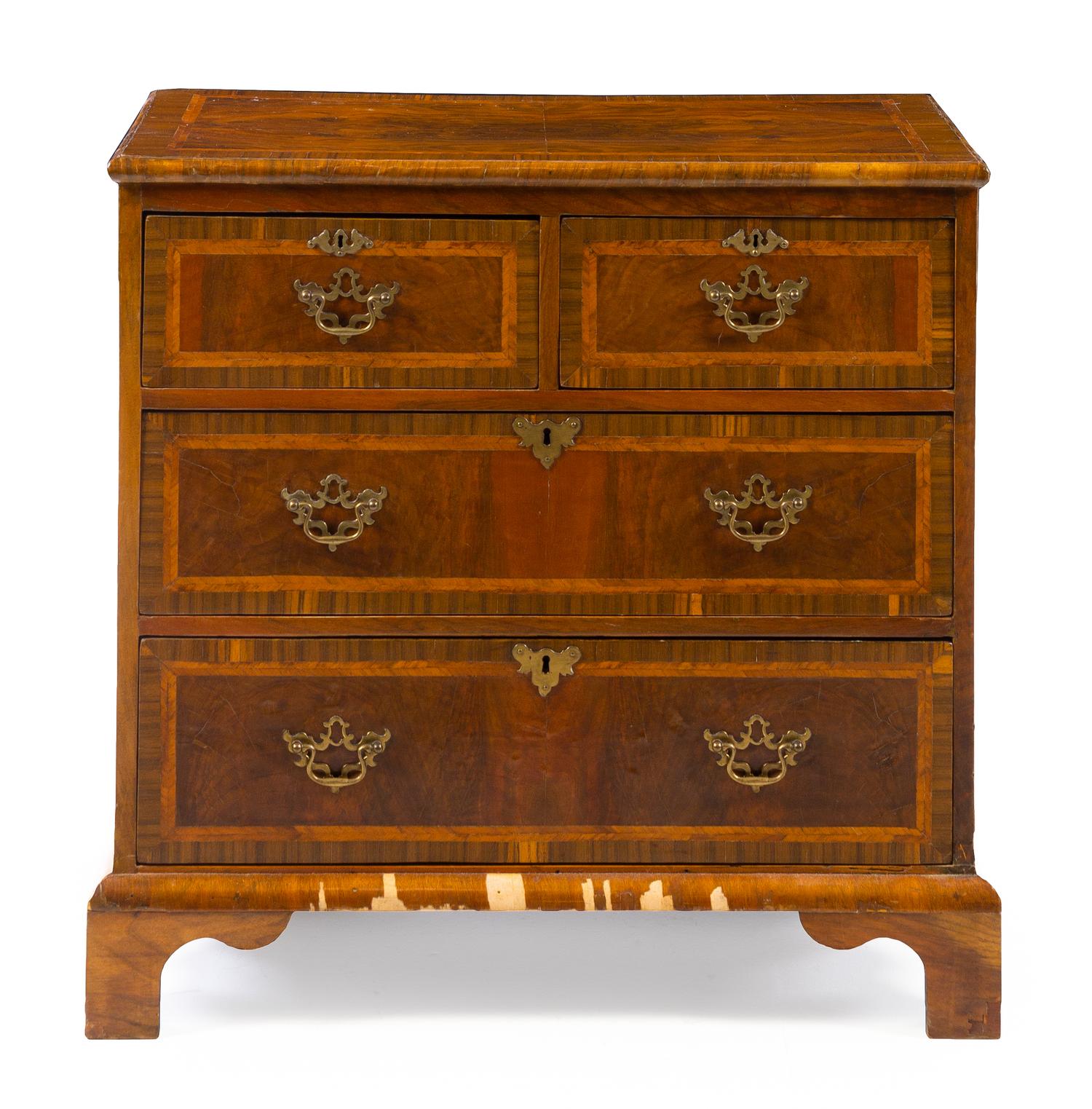 A George III Burl Walnut Chest of Drawers Height 31 x width 31 1/4 x depth 16 3/4 inches. — LATE 18TH/EARLY 19TH CENTURY