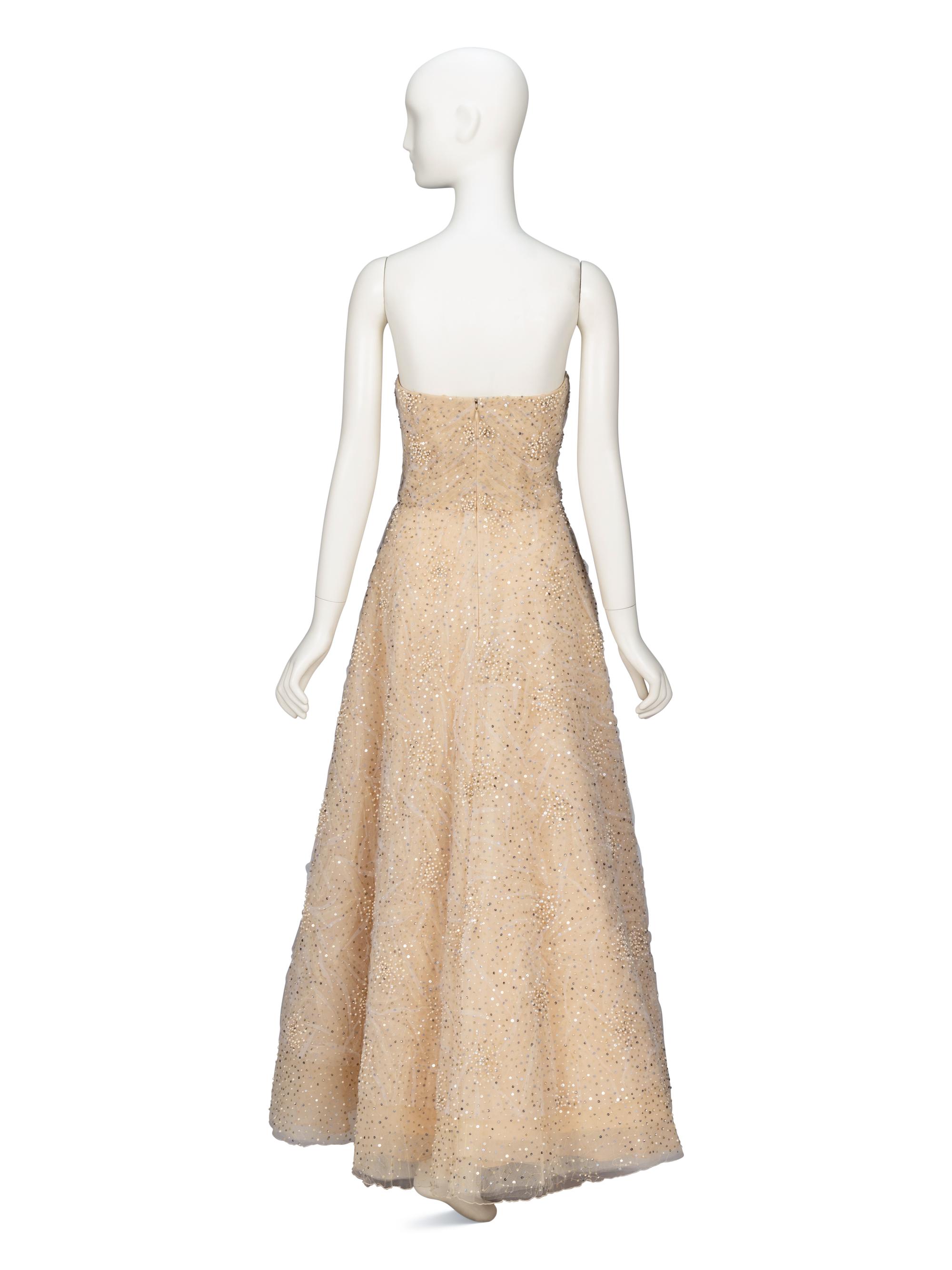 Oscar de la Renta, Embellished Champagne Tulle Evening Gown