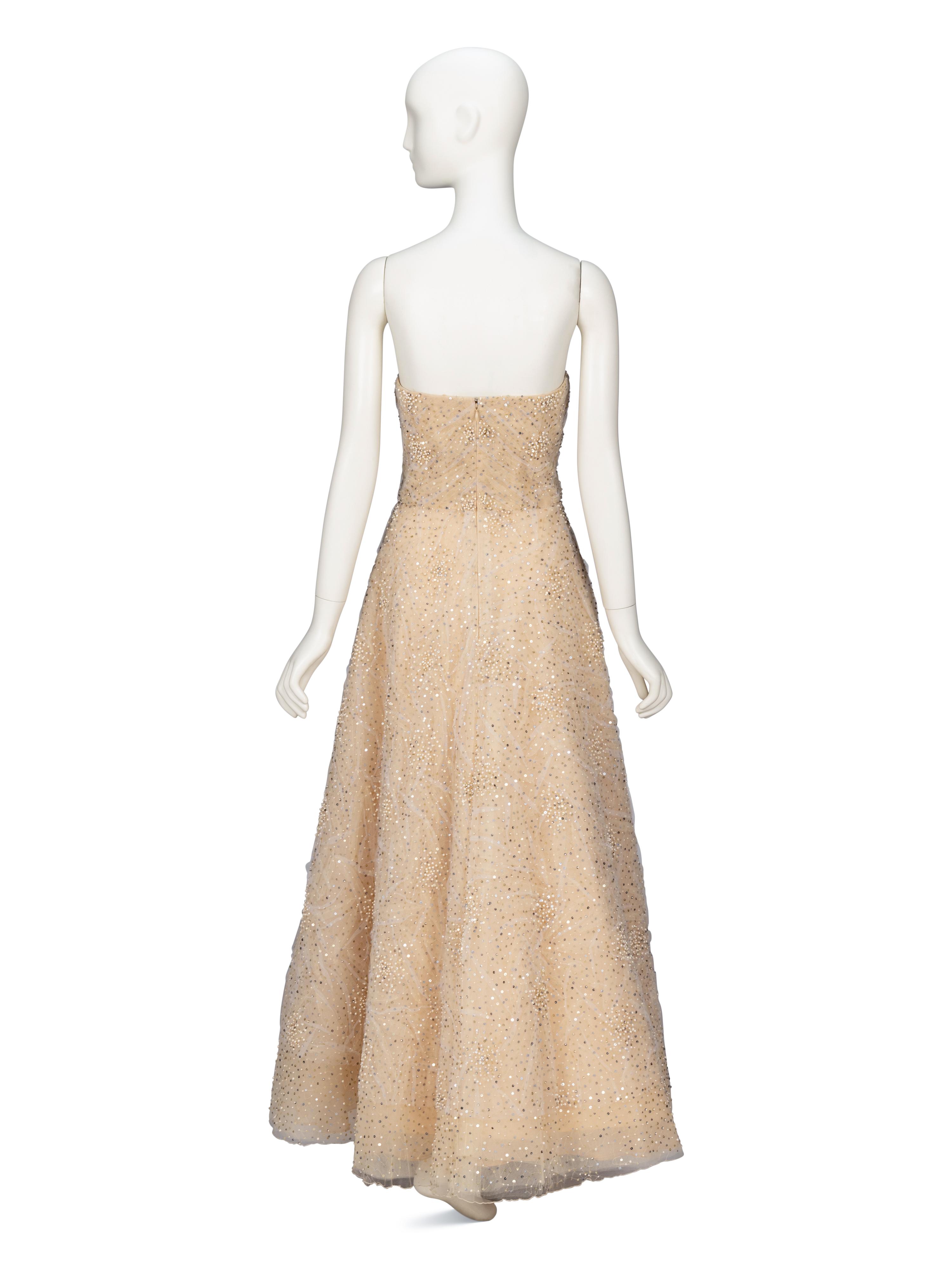 Oscar de la Renta, Embellished Champagne Tulle Evening Gown