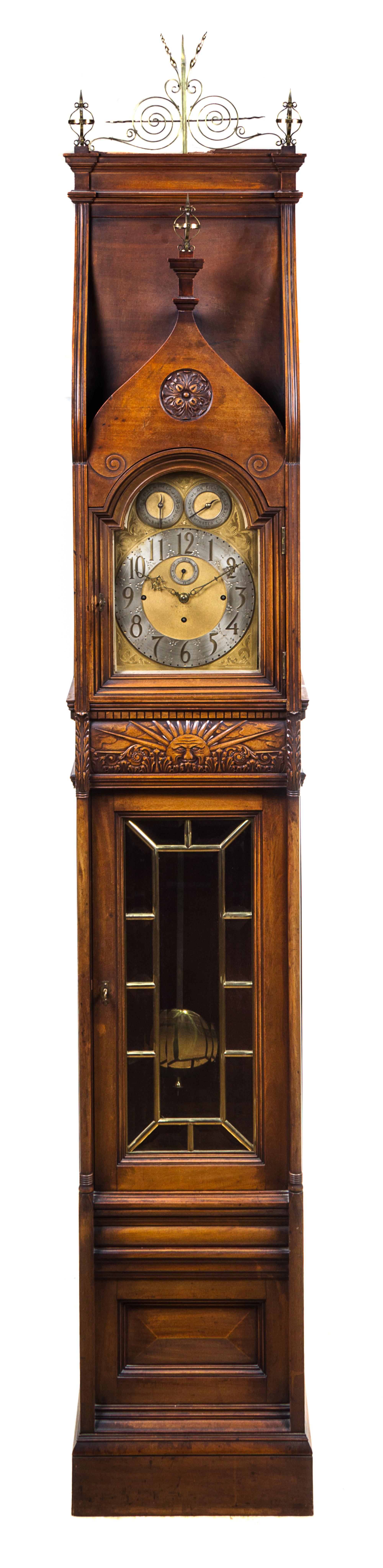 An American Mahogany Tall Case Clock Height 104 inches. — FIRST HALF 20TH CENTURY