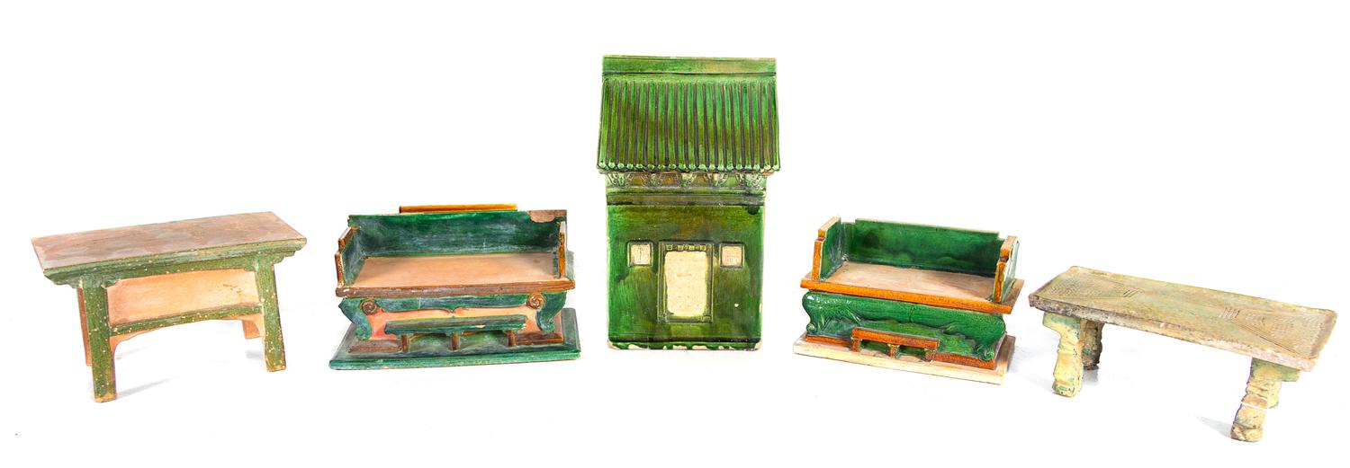A Group of Ming Style Glazed Pottery Models of Furniture and Architecture