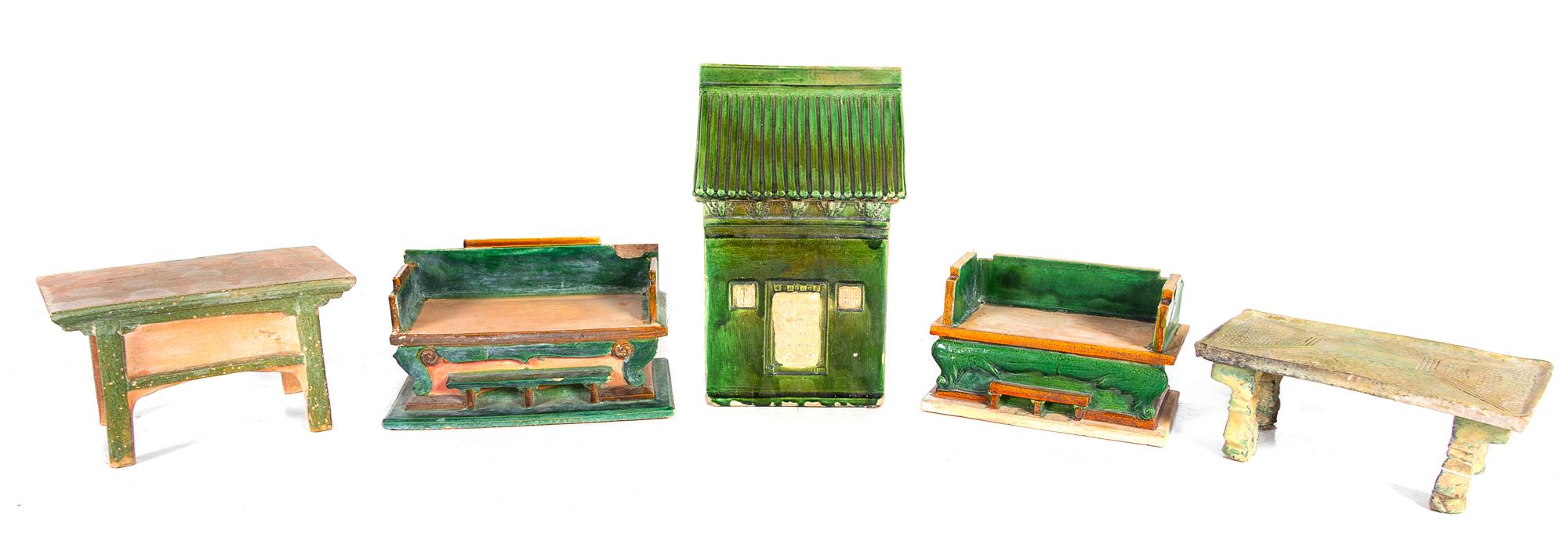 A Group of Ming Style Glazed Pottery Models of Furniture and Architecture