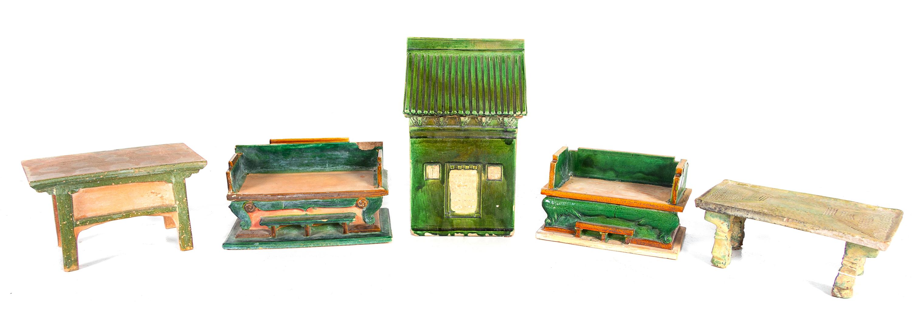 A Group of Ming Style Glazed Pottery Models of Furniture and Architecture