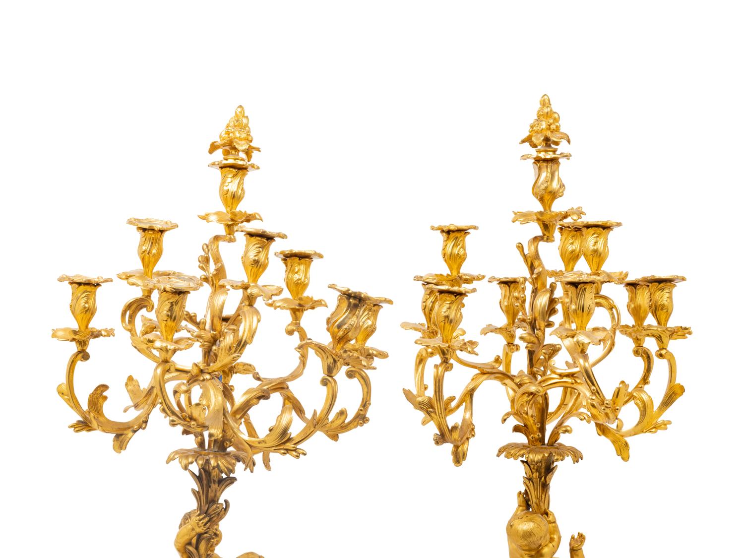 A Pair of Louis XV Style Gilt Bronze Figural Ten-Light Candelabra