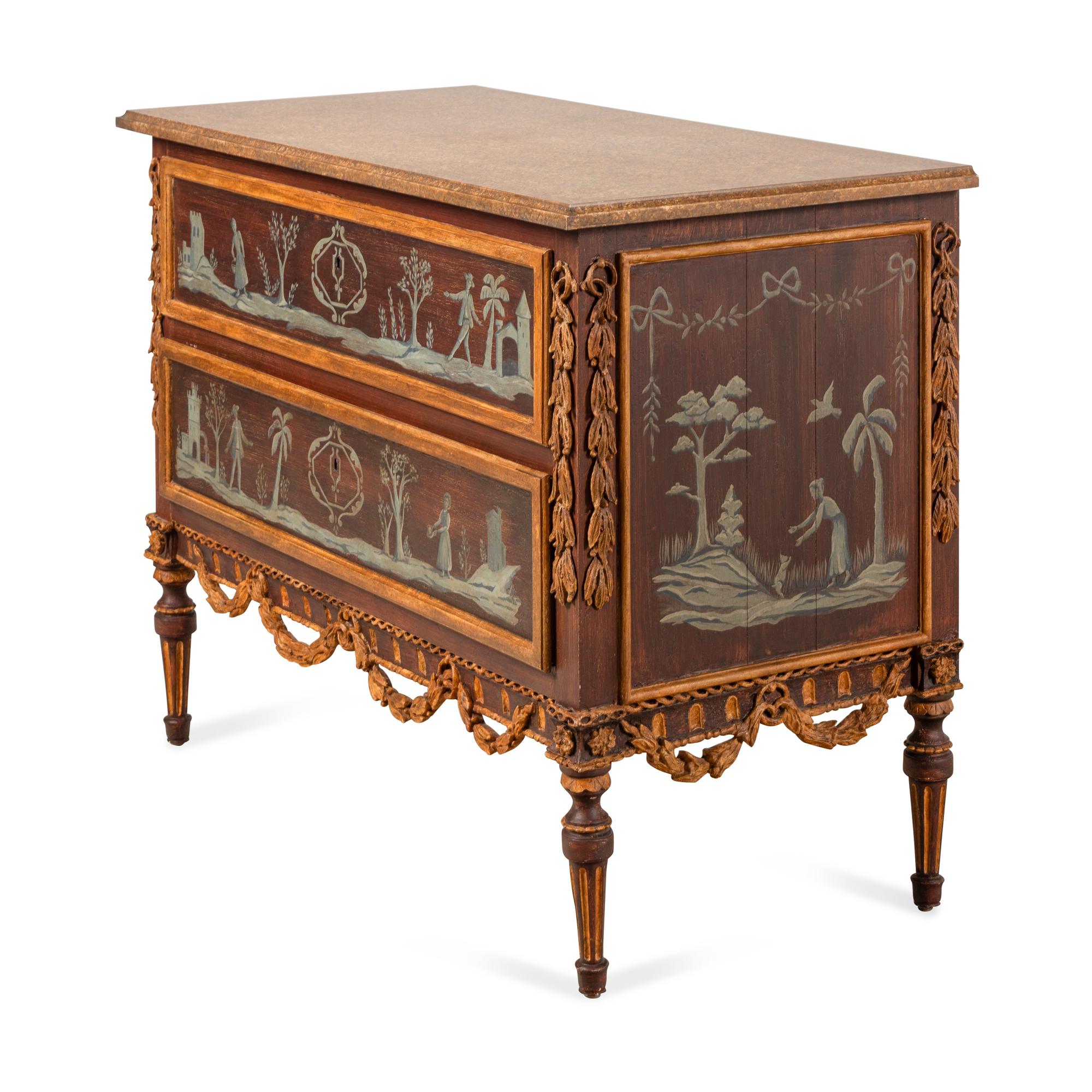 A Pair of Italian Style Painted and Parcel-Gilt Commodes