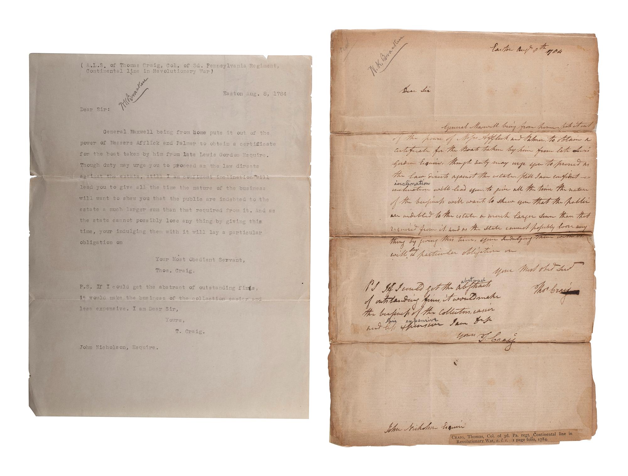 [REVOLUTIONARY WAR]. CRAIG, Thomas (1739-1832). Autograph letter signed ("Thos Craig") to John Nicholson Esq. Easton, [Pennsylvania], 8 August 1784.