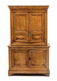 A Diminutive Charles II Style Oak Linen Press Height 25 1/2 x width 15 x depth 7 inches. — FIRST HALF 20TH CENTURY