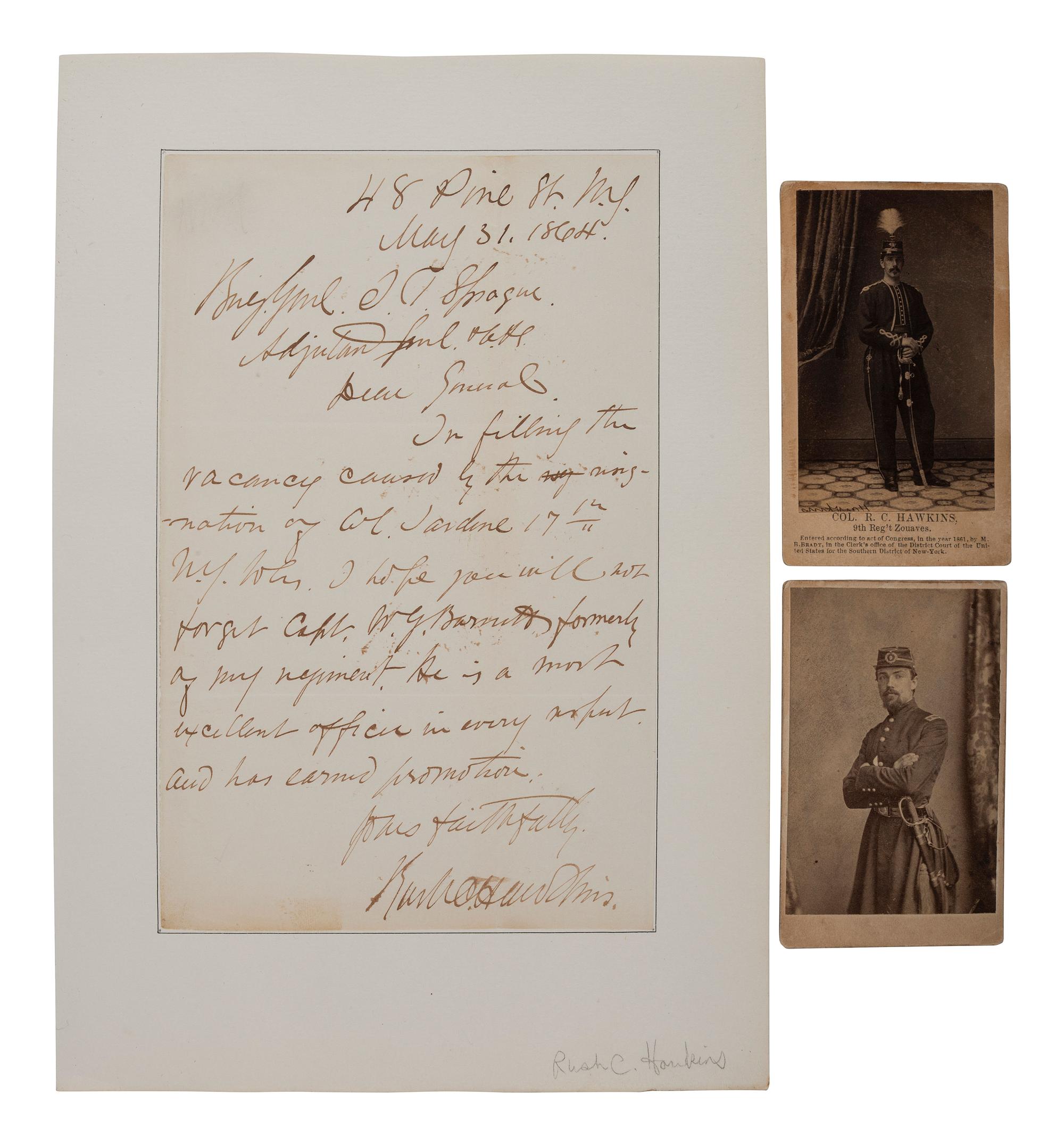 [HAWKINS, Rush C. (1831-1920)]. Group including war-date ALS, CDV, and portrait of a first lieutenant of Hawkins' Zouaves, 9th New York Infantry.