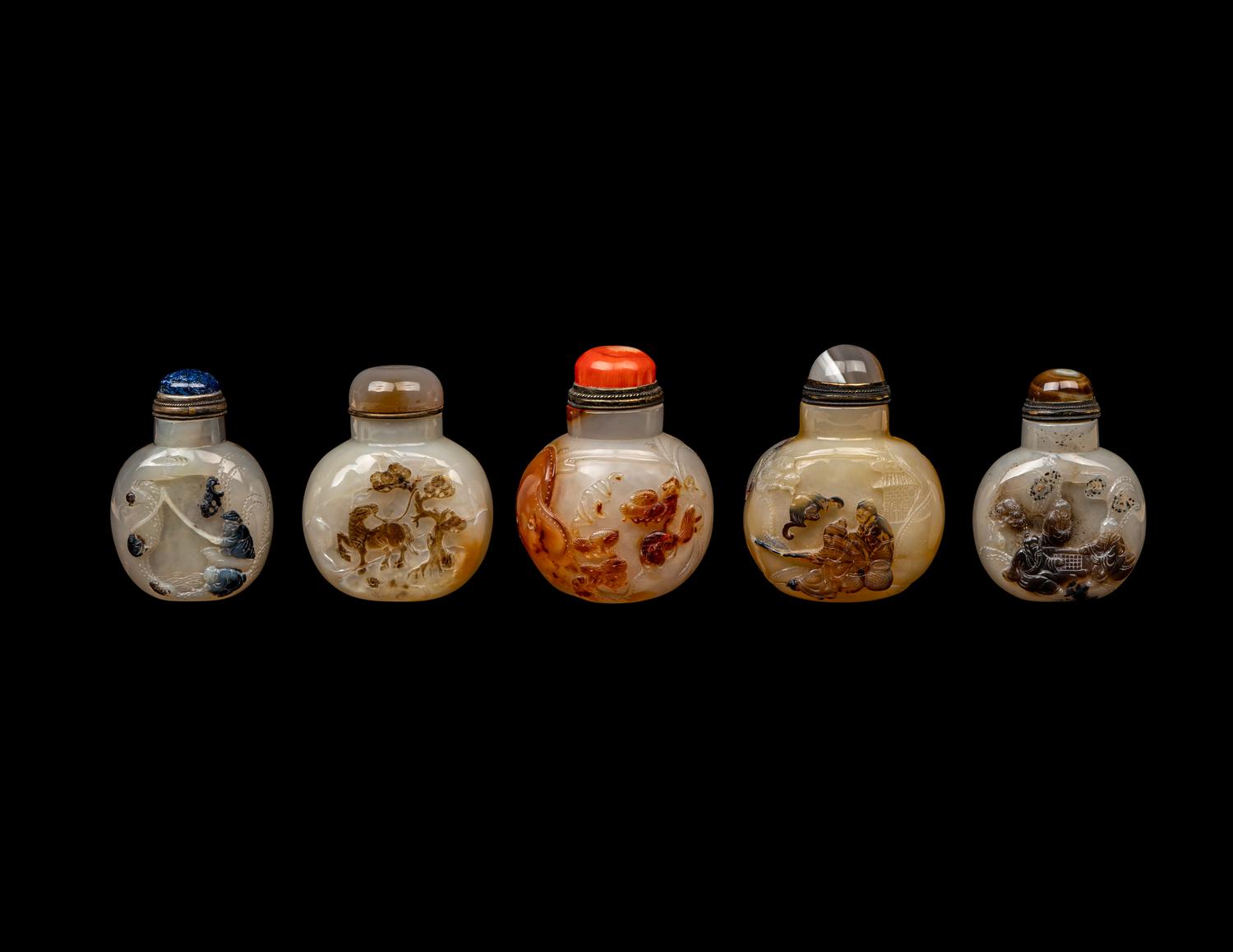 Five Chinese Silhouette Agate Snuff Bottles