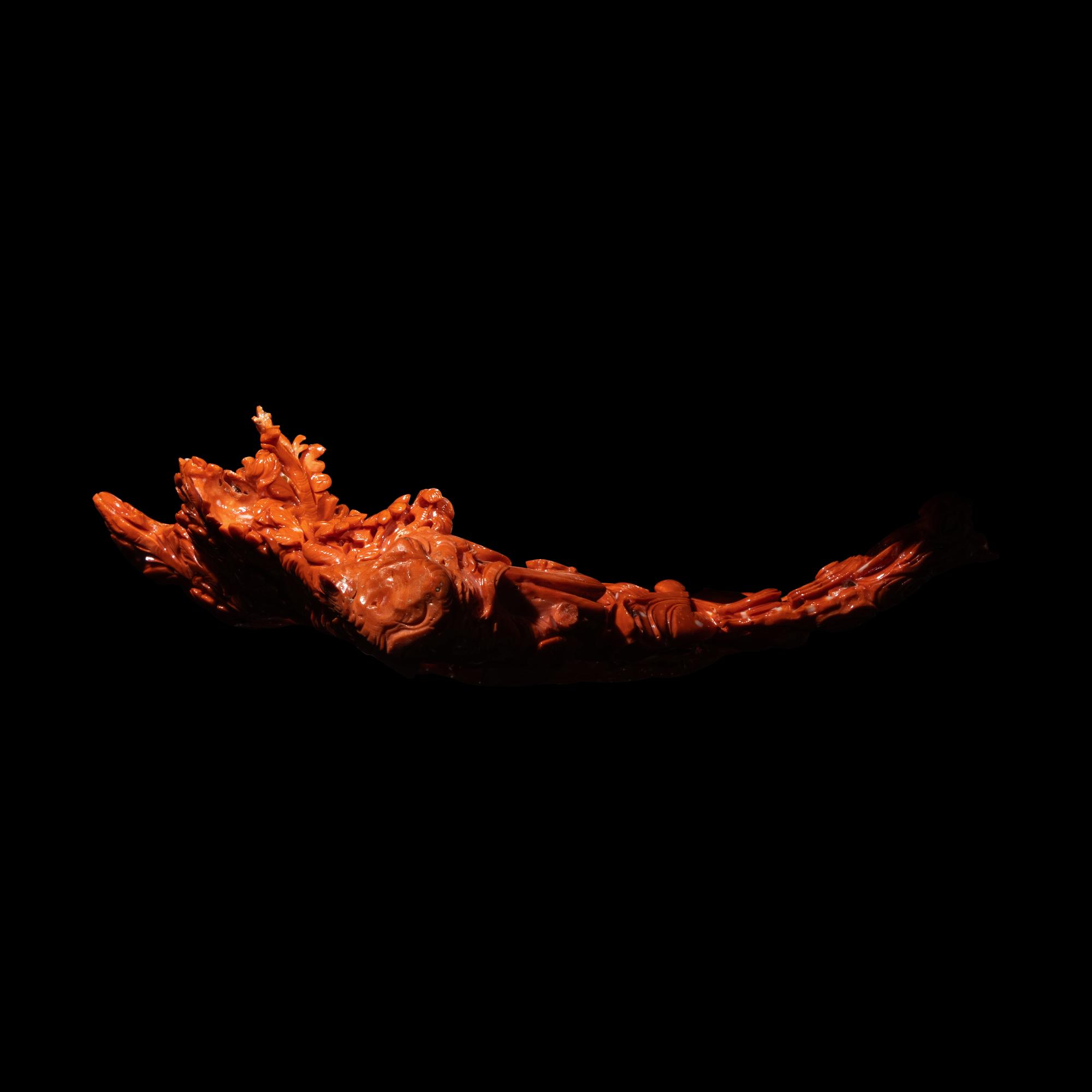 A Large Chinese Red Coral Carving, 20th Century 近代 紅珊瑚雕天女散花連木座