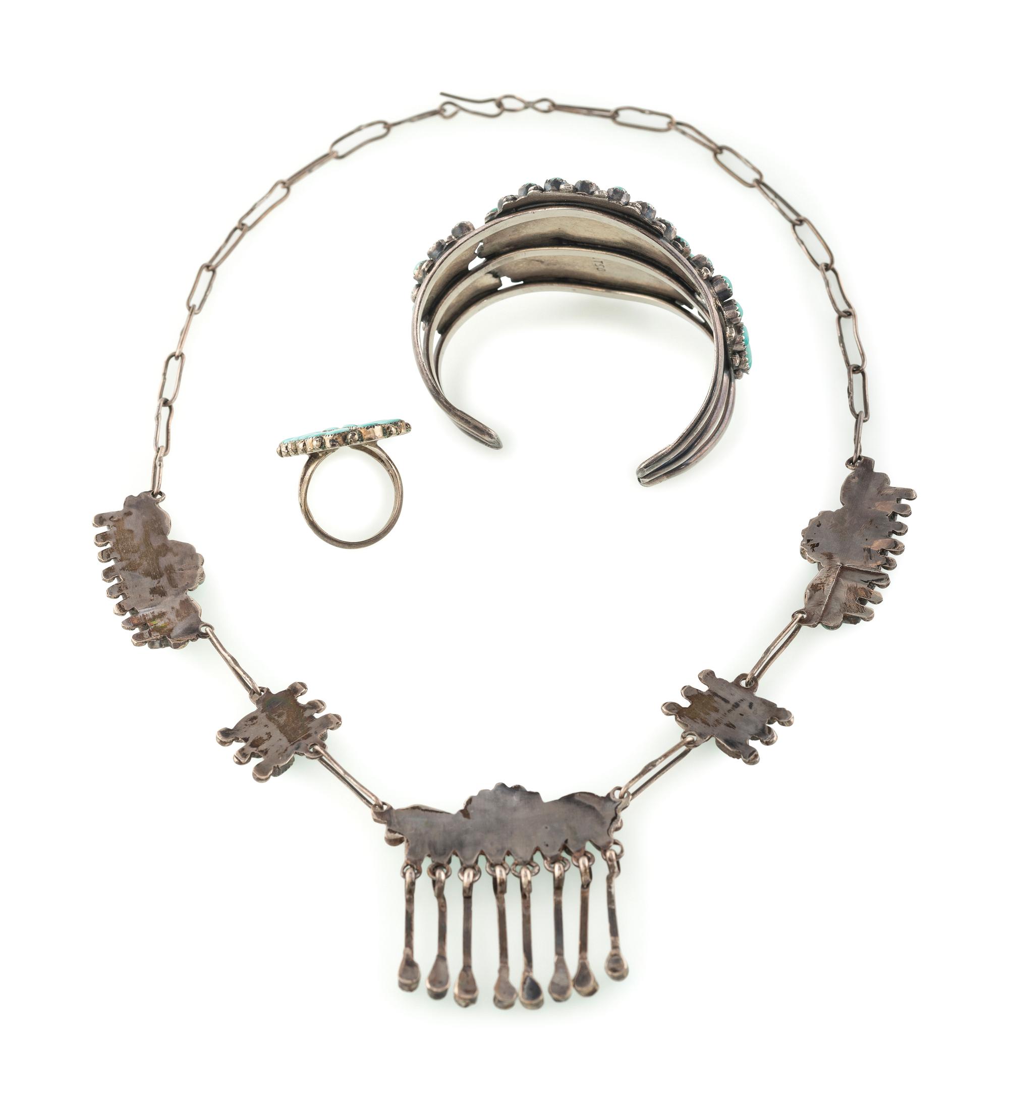 Zuni Silver and Petit Point Turquoise Cuff Bracelet, Necklace, AND Ring