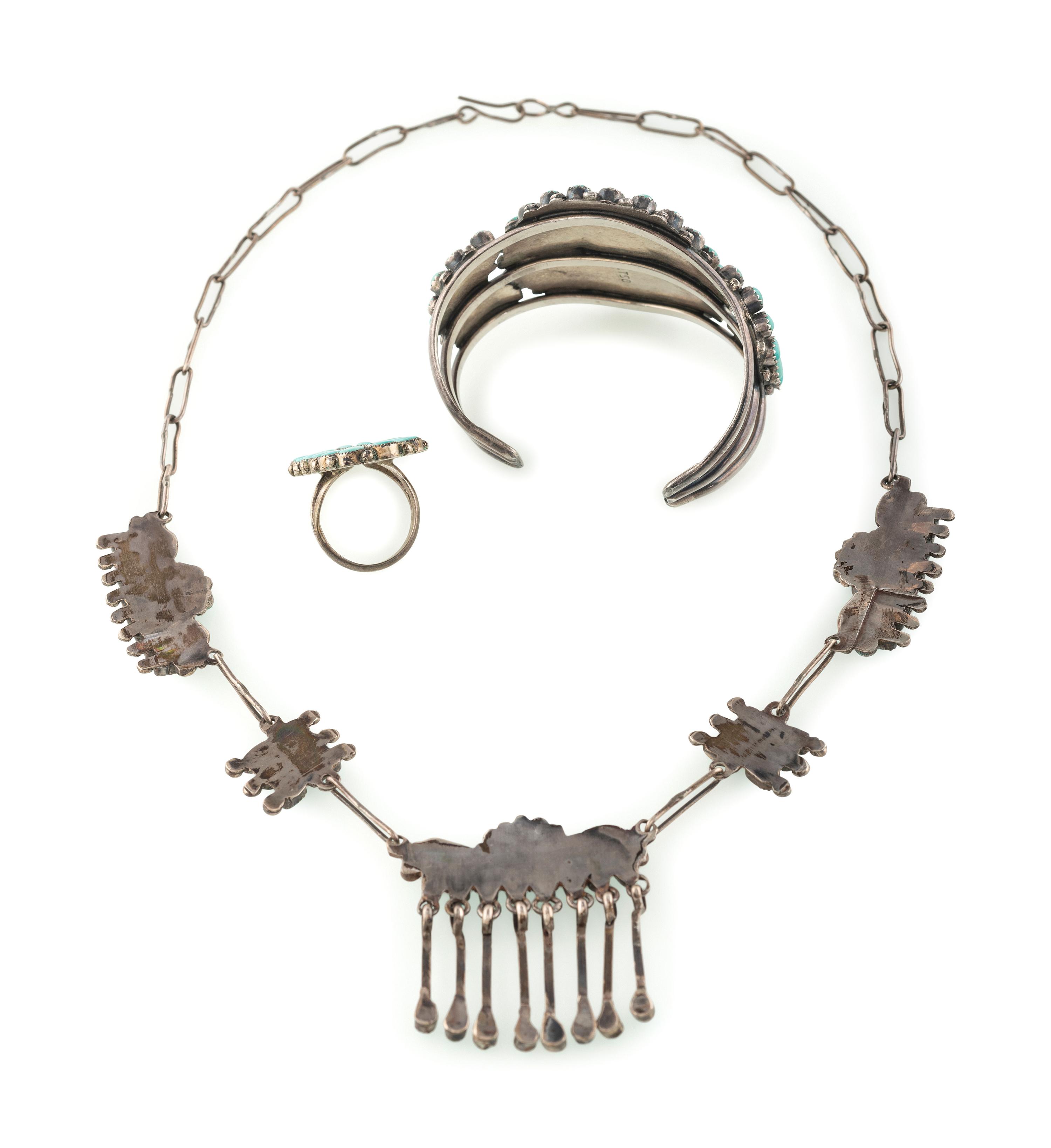 Zuni Silver and Petit Point Turquoise Cuff Bracelet, Necklace, AND Ring