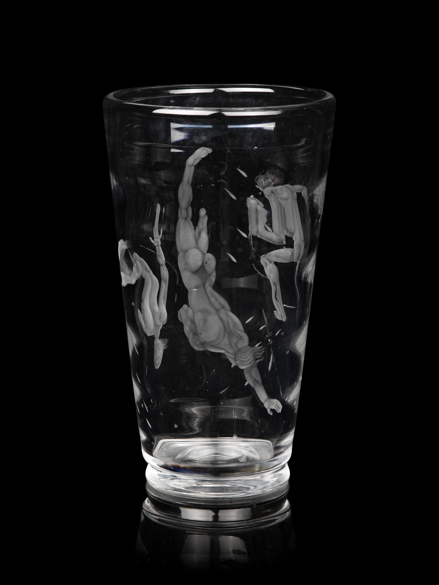 A Vicke Lindstrand for Orrefors Pearl Divers Etched Glass Vase