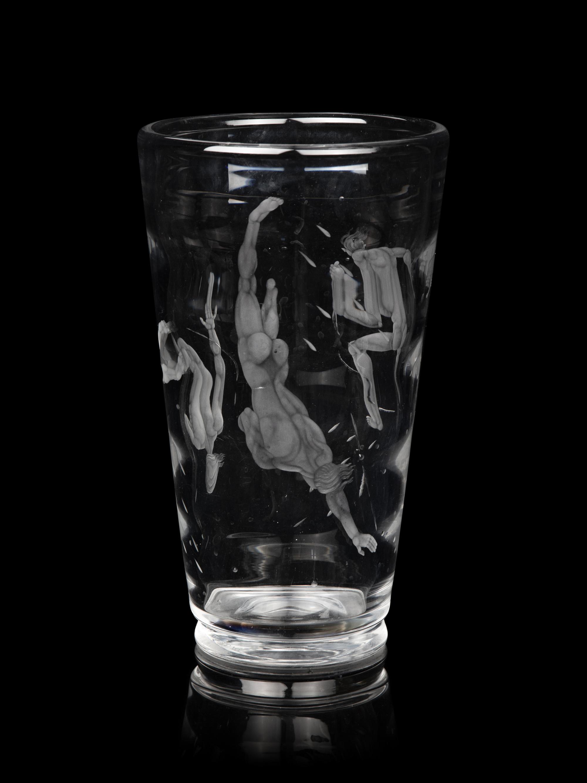 A Vicke Lindstrand for Orrefors Pearl Divers Etched Glass Vase