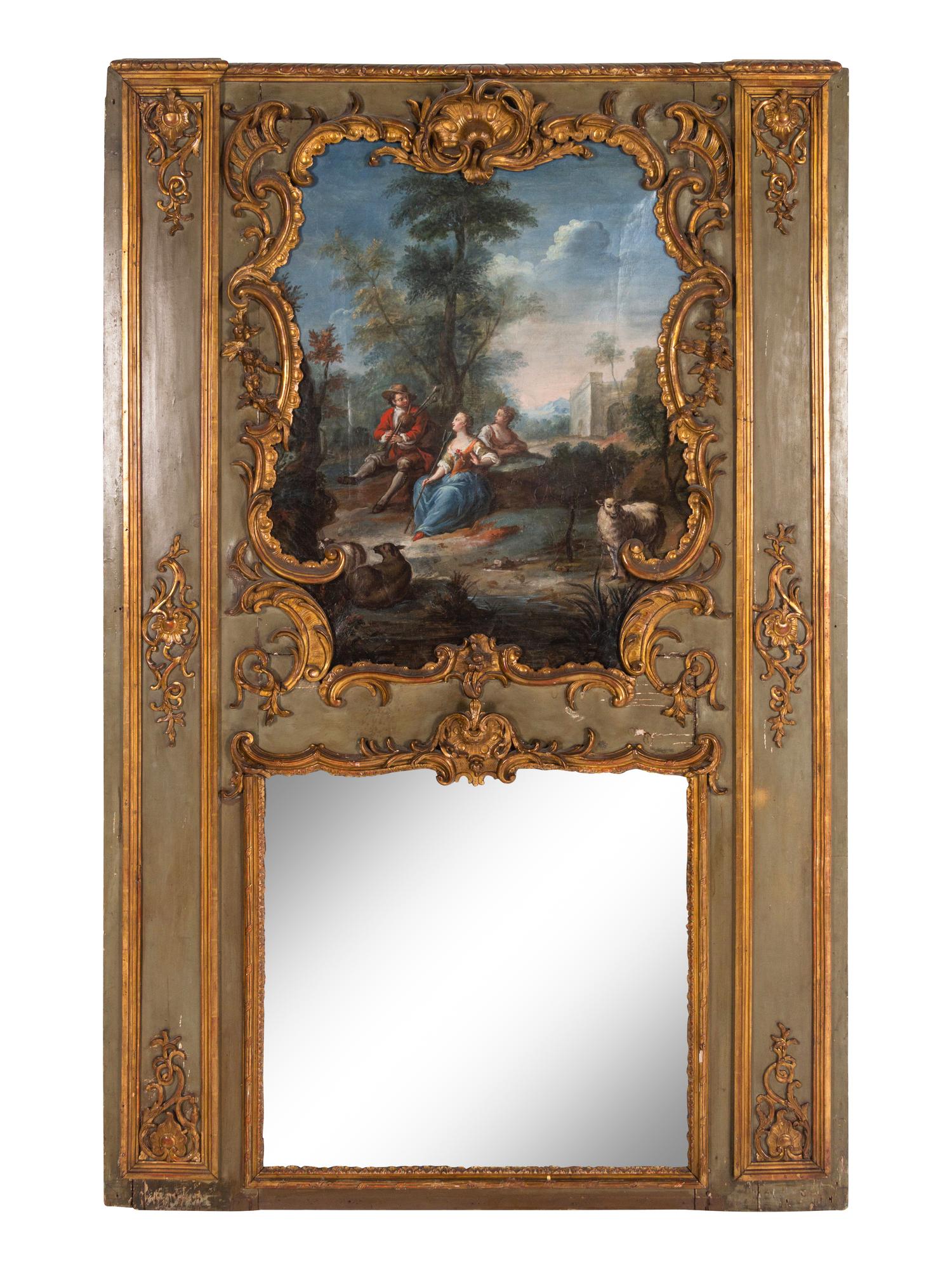 A Louis XV Green-Painted and Parcel-Gilt Trumeau Mirror