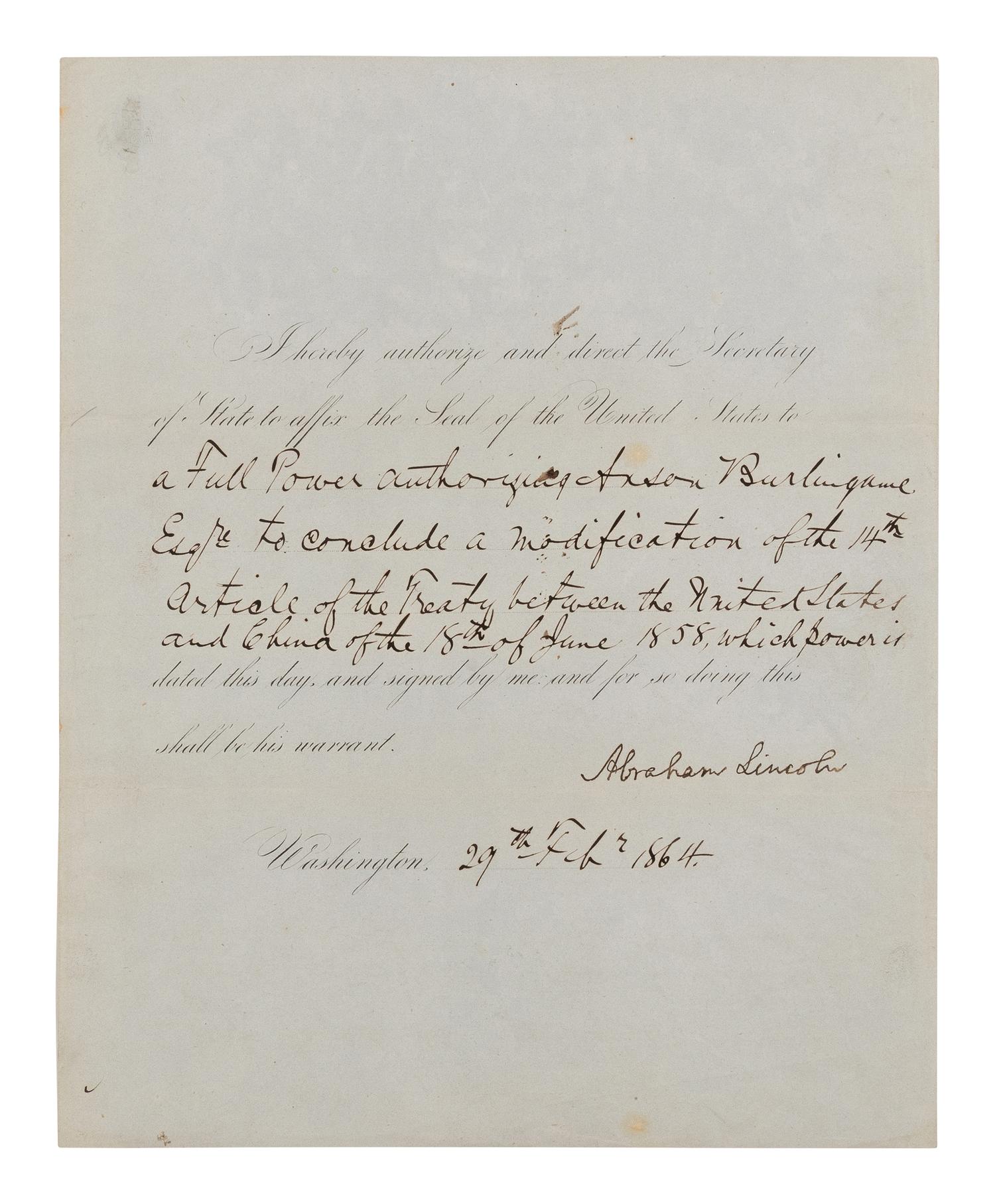 LINCOLN, Abraham (1809-1865). Partially printed document, signed ("Abraham Lincoln"), Washington, D.C., 29 February 1864.