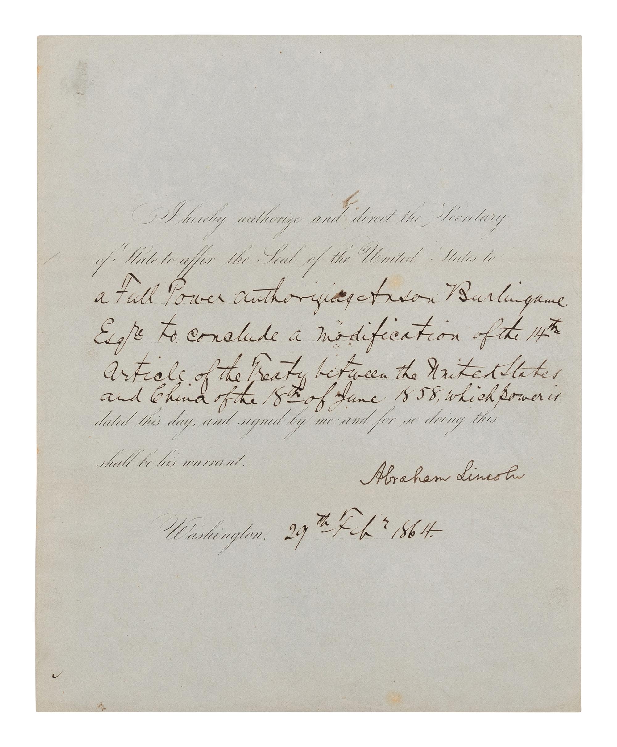 LINCOLN, Abraham (1809-1865). Partially printed document, signed ("Abraham Lincoln"), Washington, D.C., 29 February 1864.