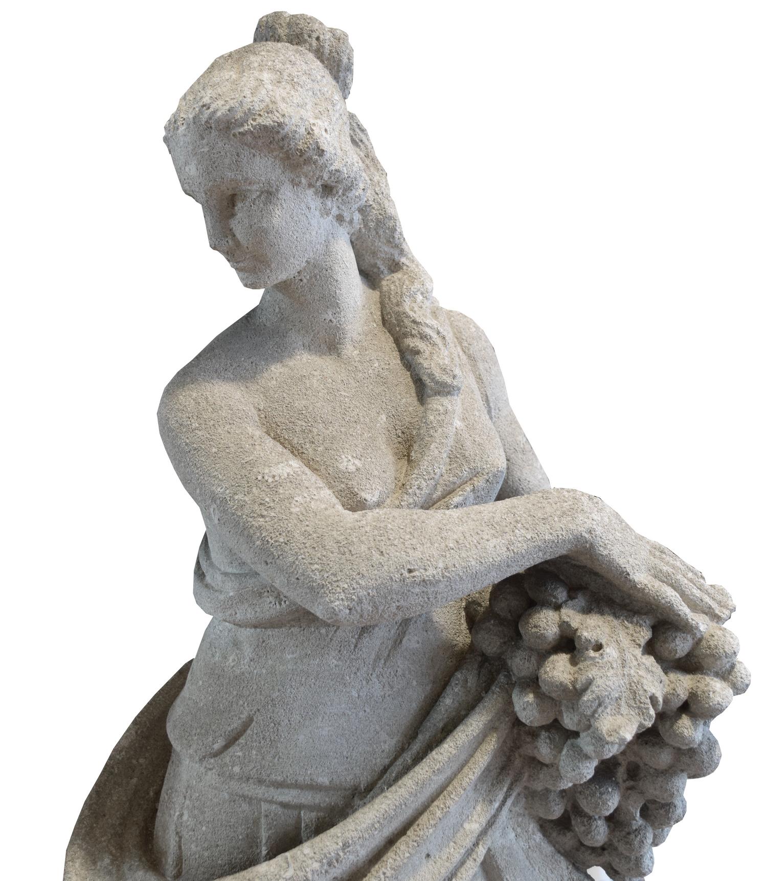 A Set of Four Carved Stone Statues Allegorical of the Seasons 14.5" W x 11" D x 35" H, 14.5" x 11" x 36", 13" x 11" x 35.25", 14" x 11. — Italian, Circa 1870